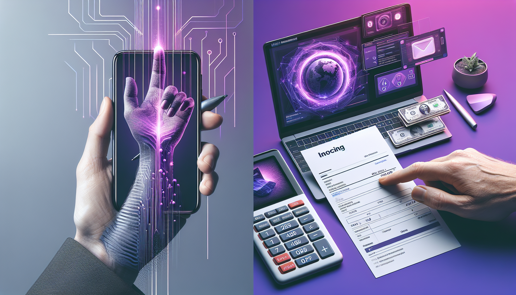 16:9 aspect ratio, realistic photo, sober modern aesthetic. Split screen or collage showing diverse modern commerce scenarios: hand using Handy link de pago on phone, laptop showing an online store backend with violet UI, clean invoicing software interface. Focus on functionality