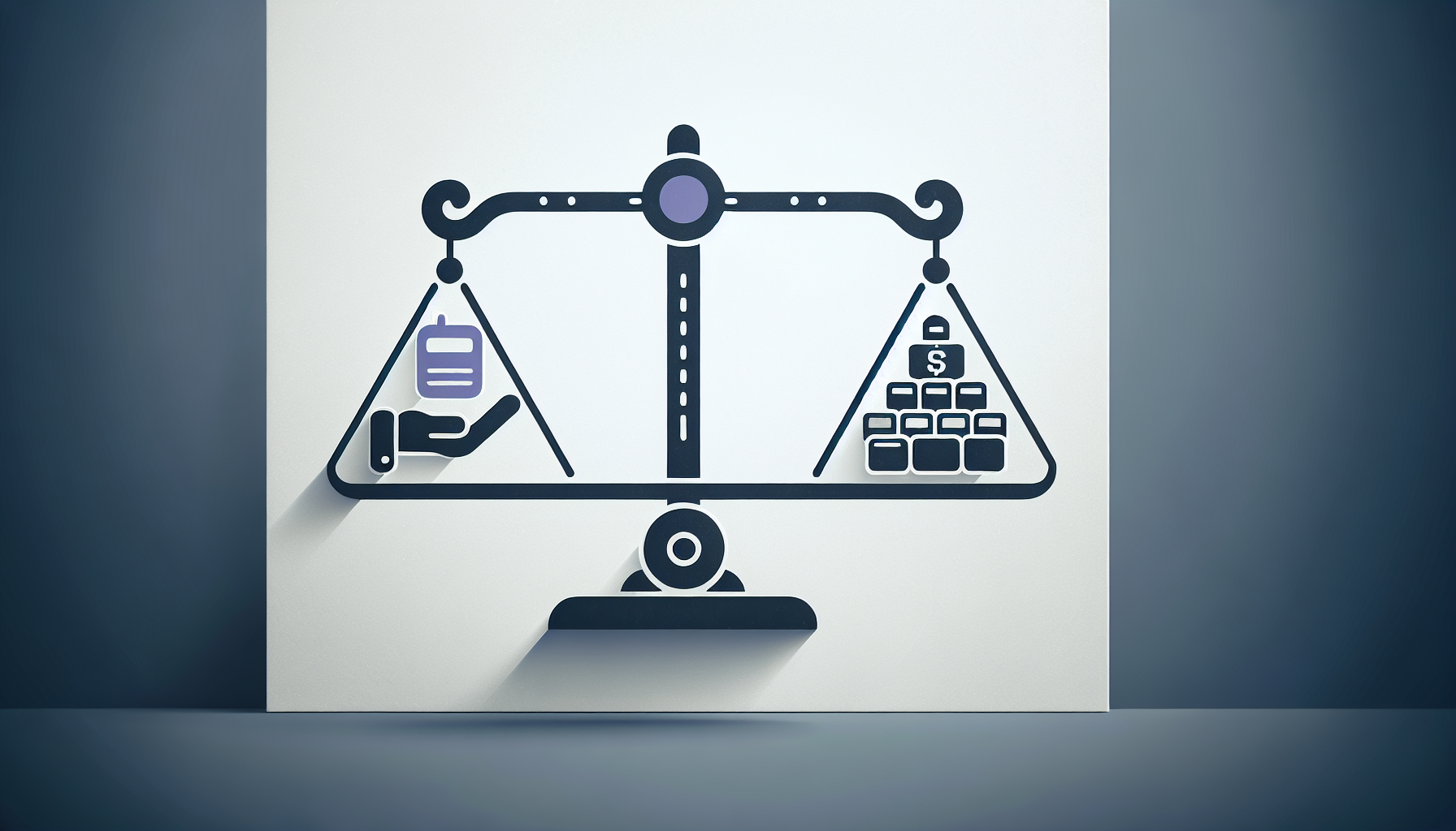 16:9 aspect ratio, symbolic image, sober modern aesthetic. Clean graphic showing balanced scales. On one side, a simple violet Handy POS icon. On the other side, a slightly larger stack representing complexity/cost (maybe grey/black icons). Subtle NHC logo below the scales.