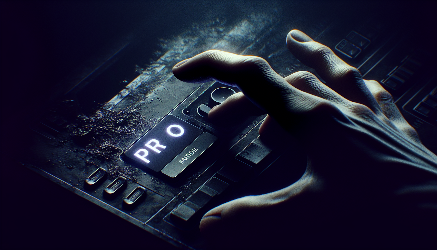 16:9 aspect ratio, realistic photo, dark and moody aesthetic. Close-up on a hand hesitantly reaching towards a modern interface button labeled 'PRO'. The button emits a faint, unsettling violet glow. The rest of the screen/device is dark or obscured. Deep shadows around the hand. Subtle NHC logo on the screen corner.