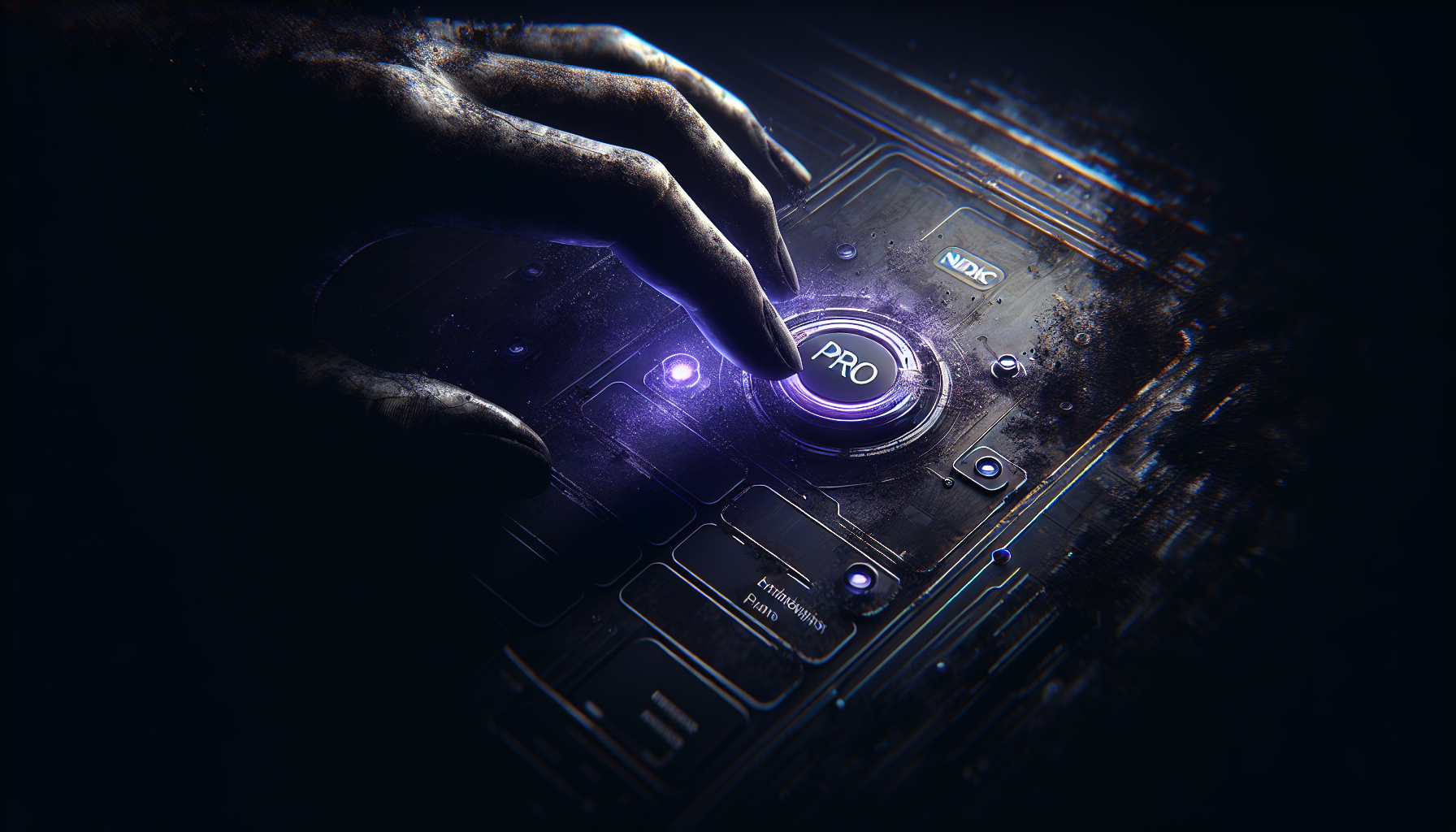 16:9 aspect ratio, realistic photo, dark and moody aesthetic. Close-up on a hand hesitantly reaching towards a modern interface button labeled 'PRO'. The button emits a faint, unsettling violet glow. The rest of the screen/device is dark or obscured. Deep shadows around the hand. Subtle NHC logo on the screen corner.