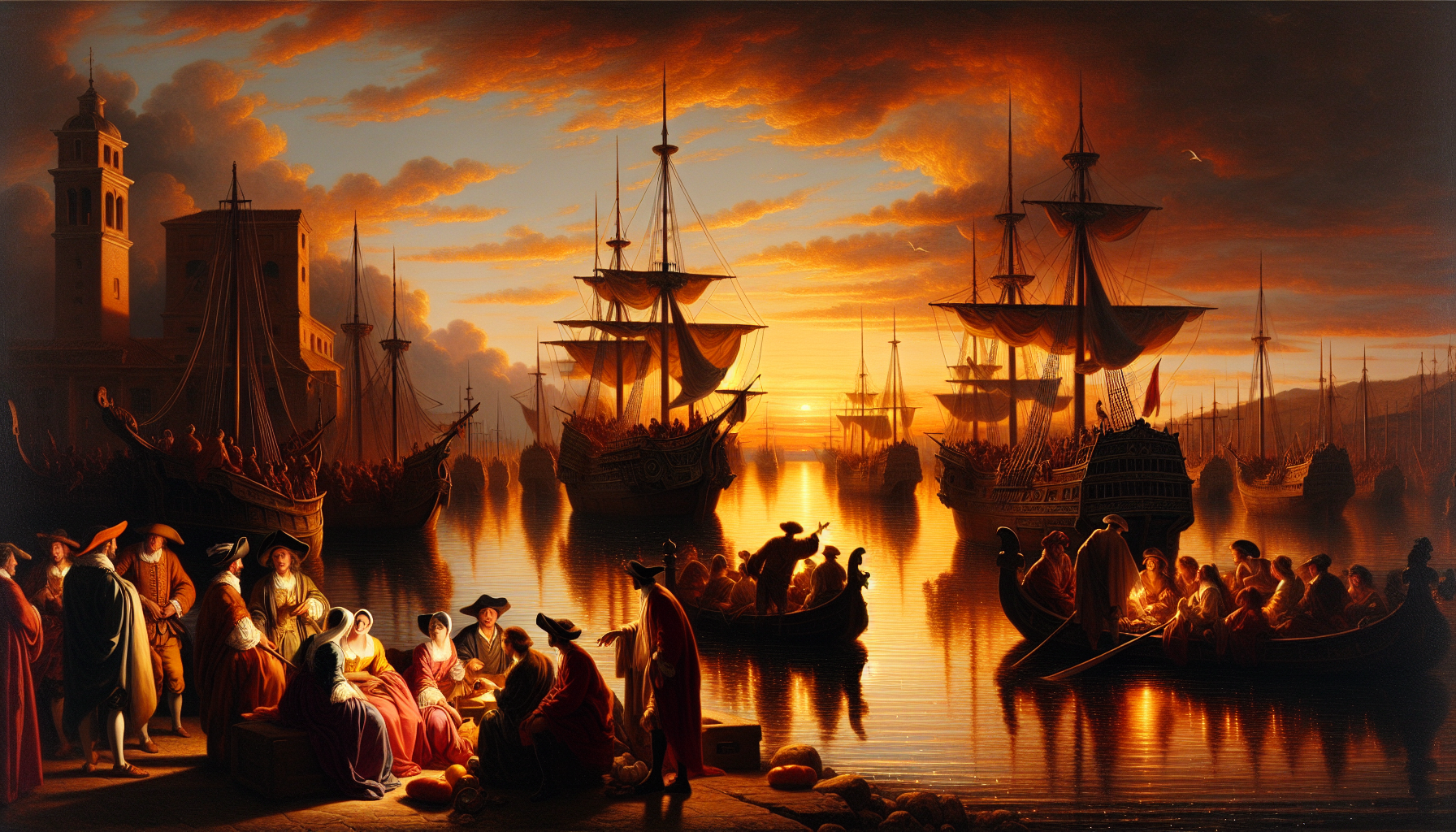 A beautiful landscape of a seaport ; sunset painful oil design ; reflect of the boats on the water and fade ; I would like also a group of person talking on a boat the period could be the 17's century with the business port like Roma ;