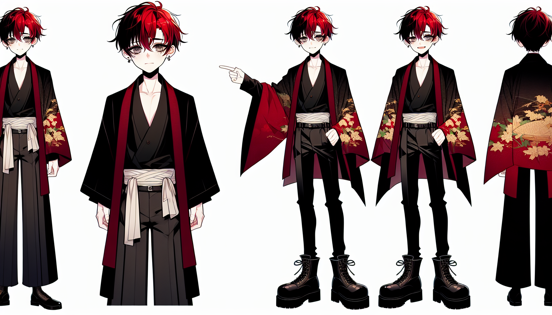 やわらかいタッチ
全身が映っている
７等身
背景なし

赤髪
灰色の眼
大人っぽい少年
微笑み、悲しい表情
下まつげがある
手に煙草を持っている
和っぽい洋服に黒ズボン、黒いブーツを履いている
派手な柄の赤い羽織
肌の露出が少ない
涼し気
足が長い
黒い靴
襟のあるシャツ