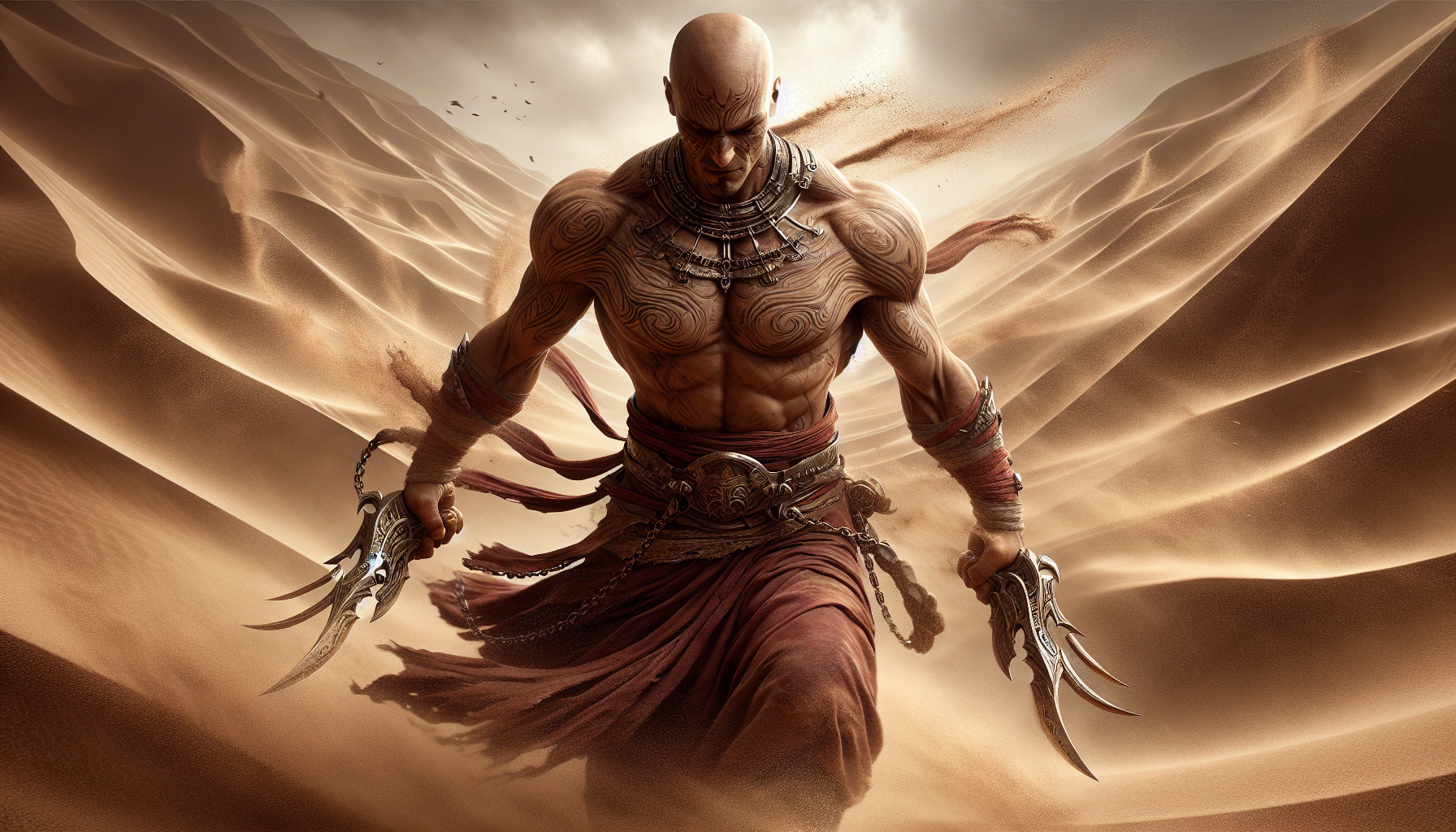 i want to see KRATOS from god of war 3 walking in a desert with sandstorms . i want it to look really like kratos and i want it to be dramatic
