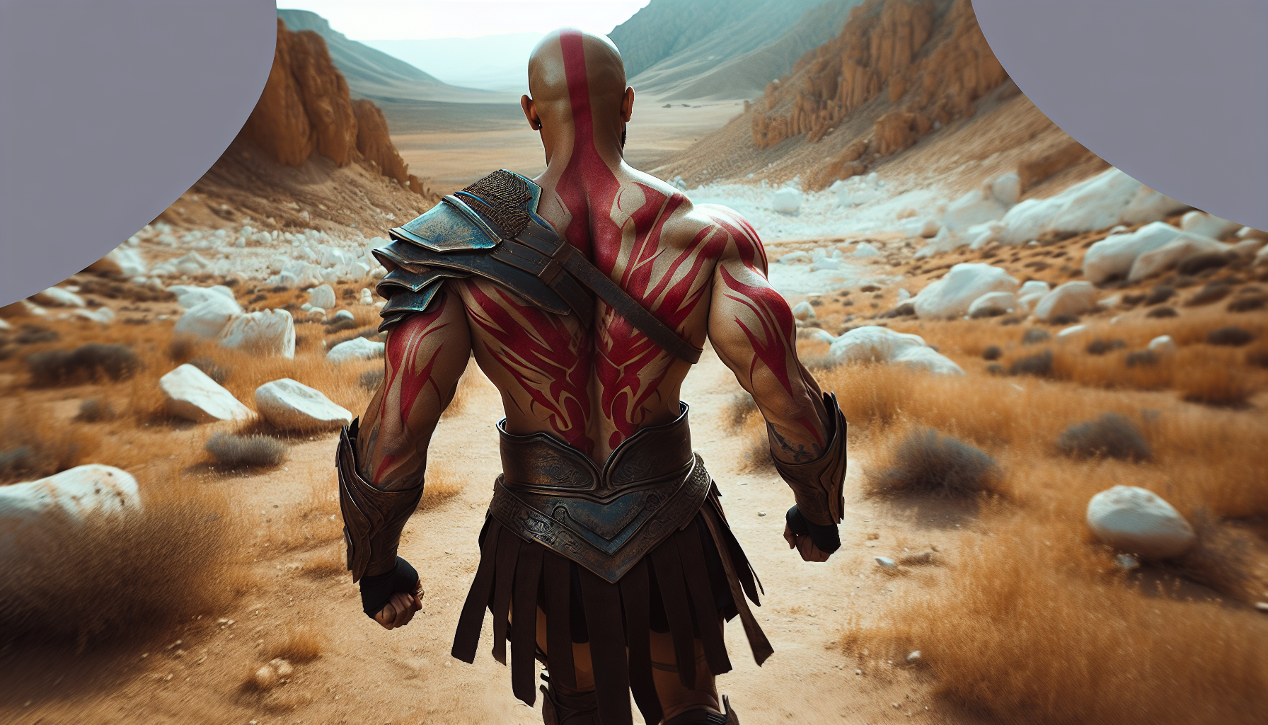 i want to see KRATOS FROM GOD OF WAR , walking on a wild desert with white stones , i want to see him from the back and i want him to be in the landscape , not too close to the camera 