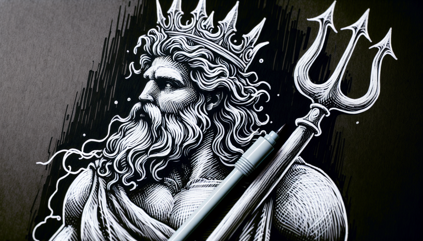 dibujo blanco sobre fondo oscuro de poseidon
