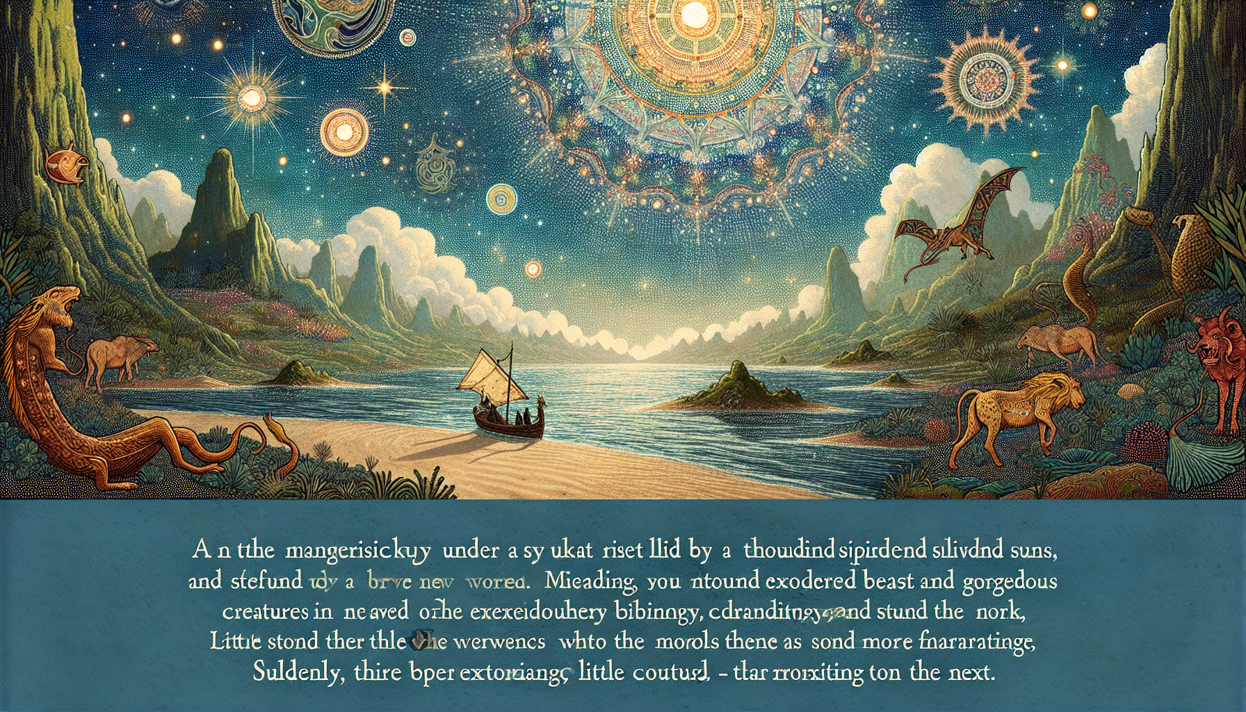 Design a art piece with a somewhere beneath a thousand splendid suns you drift towards a brave new world the see stretchers out before you. As you pass fantastic beasts and beautiful creatures you suddenly spy an island you reach the beach and gead off into the wild where you see the river cottage - this is what you were looking for. 