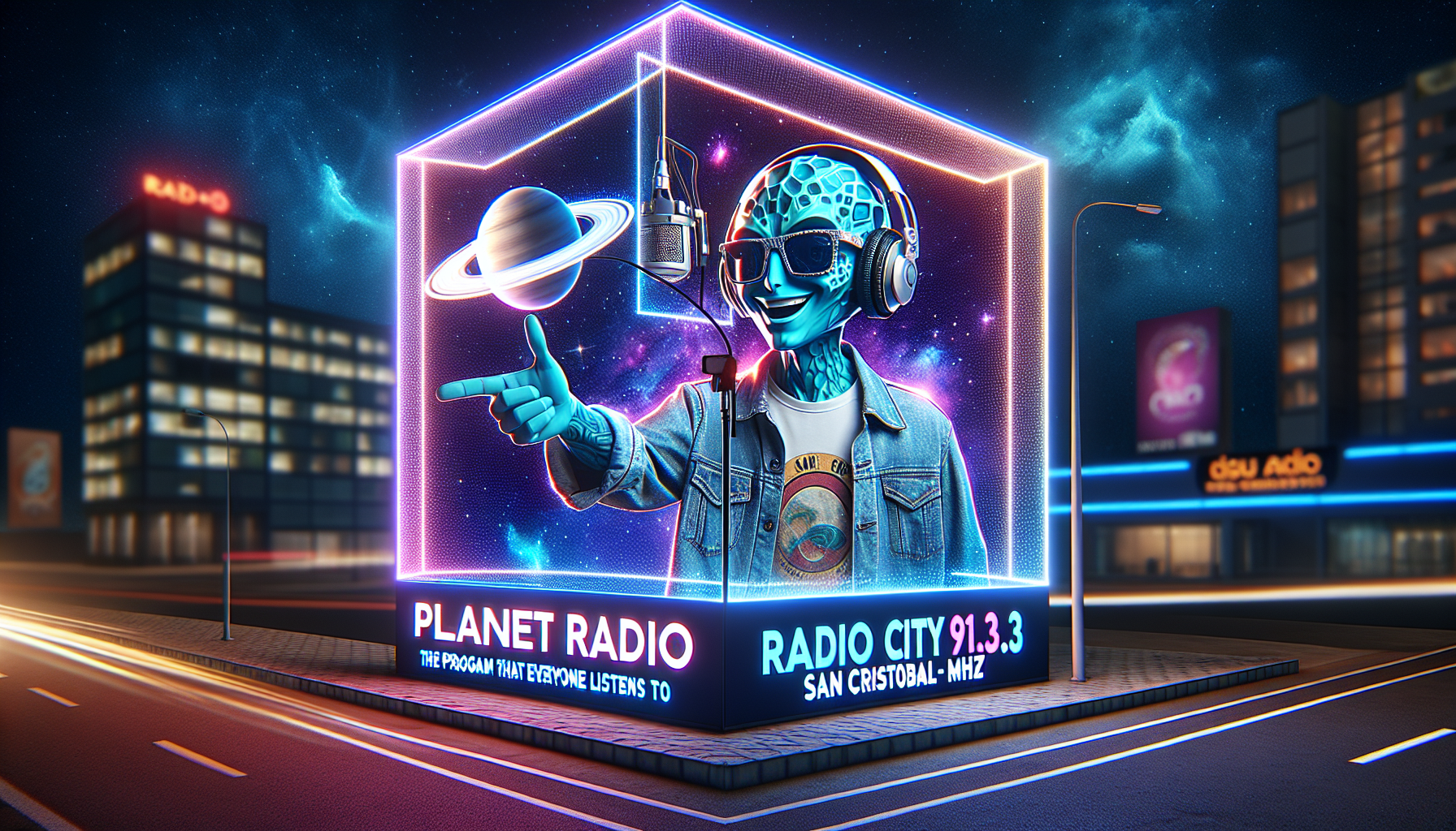 Crea una imagen de un afiche publicitario para un imponente y colorido cartel iluminado en la via pública, sobre un exitoso Show Radial que se emite a través de una importante radio llamada "RADIO CITY 91.3 MHz" en la ciudad llamada "San Cristóbal", crea y agrega la imagen del estelar conductor del programa de radio como un personaje extraterrestre humanoide muy famoso y reconocido conductor de radio con mejor audiencia del mundo, él personaje lleva puesto usando audifonos profesionales en su cabeza y hablando de manera muy feliz y engreído frente a un micrófono de radio profesional, estando en un estudio de radio profesional muy amplio y moderno, él está usando anteojos de sol, una camiseta con la estampa del planeta saturno, y por encima una chaqueta de jeans desprendida. Agrega también la frase: "PLANETA RADIO"  - "El Programa que Escucha Todo el Mundo"  

geométrica de un cubo transparente dibujada con líneas de neón de color azul, puede verse en tres dimensiones flotando en medio del espacio cósmico, escribe debajo de la figura del cubo la palabra "CUBO" y luego debajo de la palabra "CUBO escribe la siguiente frase a modo de slogan: "Le damos forma a tus ideas"