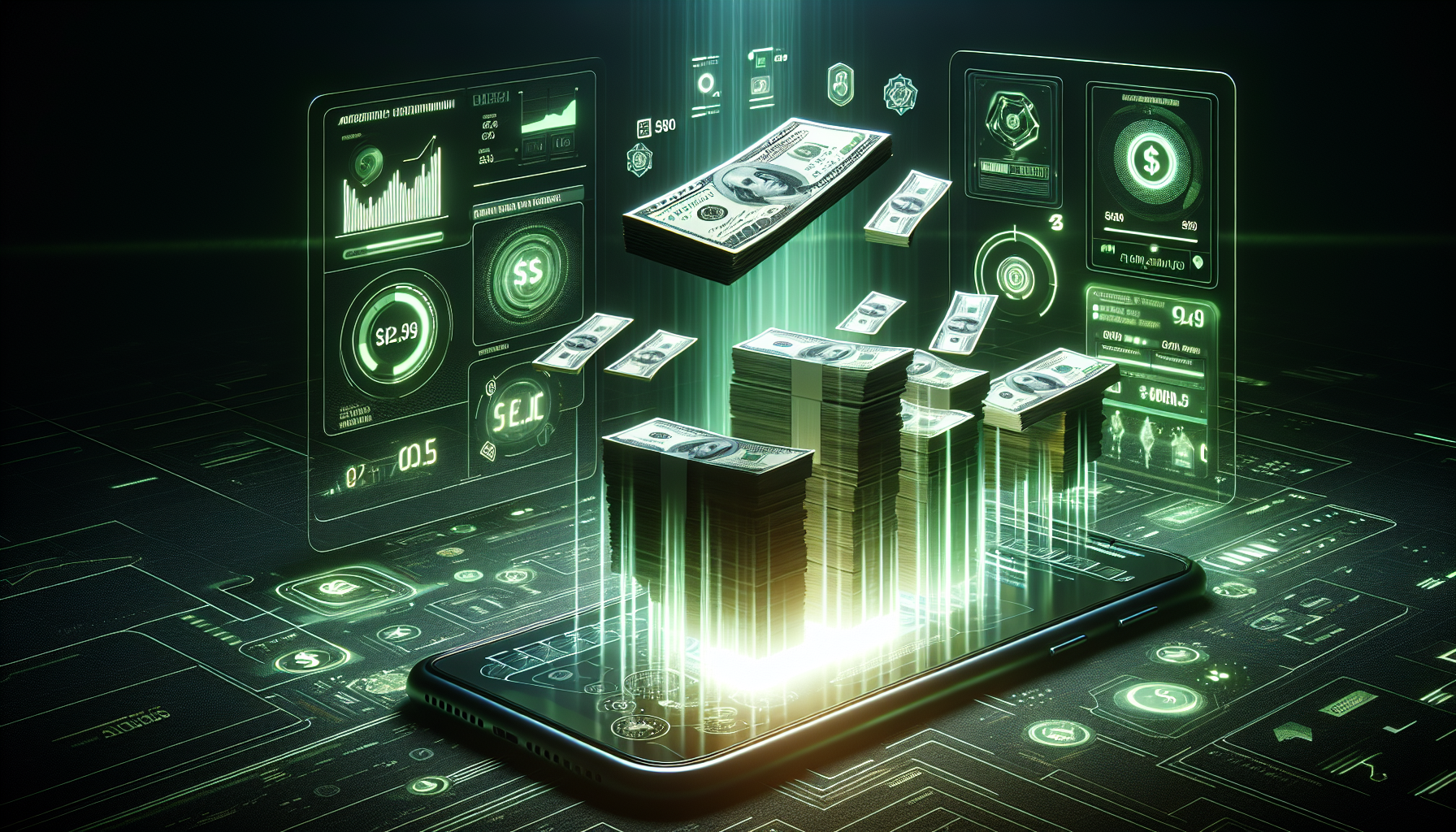 realistic digital illustration, stacks of hundred-dollar bills floating above a glowing smartphone, green neon HUD interface, futuristic financial dashboard, holographic charts and currency symbols, dark tech background, modern fintech design, high contrast lighting, money flying upwards, cash flow effect, 3D style, sharp detail, fintech branding aesthetic
