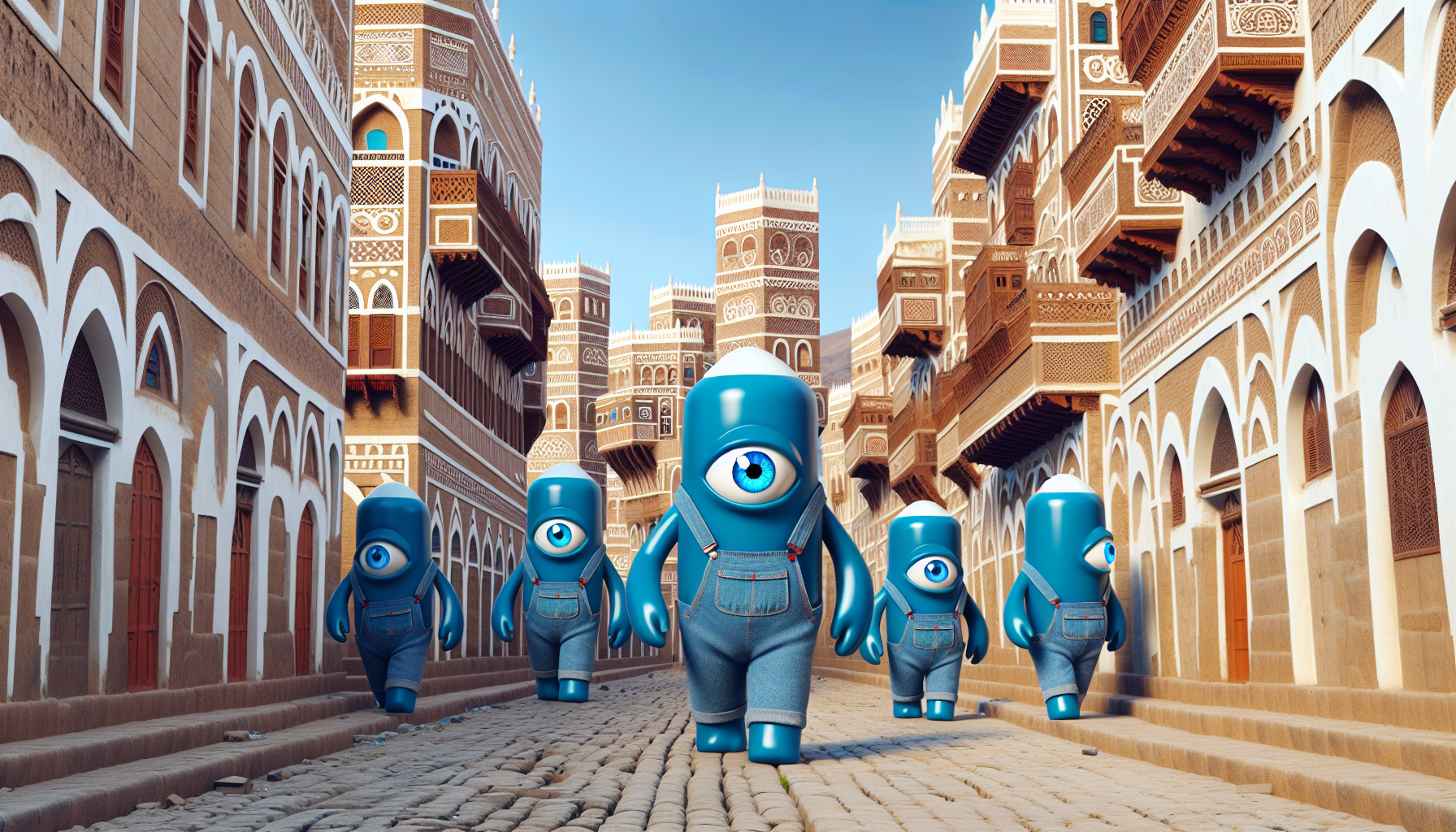 the 5 mega Minions who appeared in Despicable Me 4 .
they're walking in one of the streets of Old Sana'a, yemen.