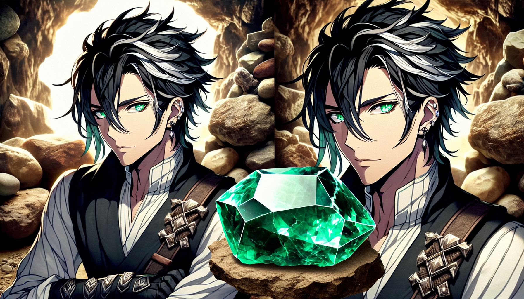 YouTube channel cover of a male character in his 40s from Genshin Impact with black hair with white streaks and green eyes, holding a raw Radiant Emerald in his hands against a background of various natural stones inside a mine, wearing black vest-style armor and a gray shirt, anime style. Raw Radiant Emerald in a realistic style