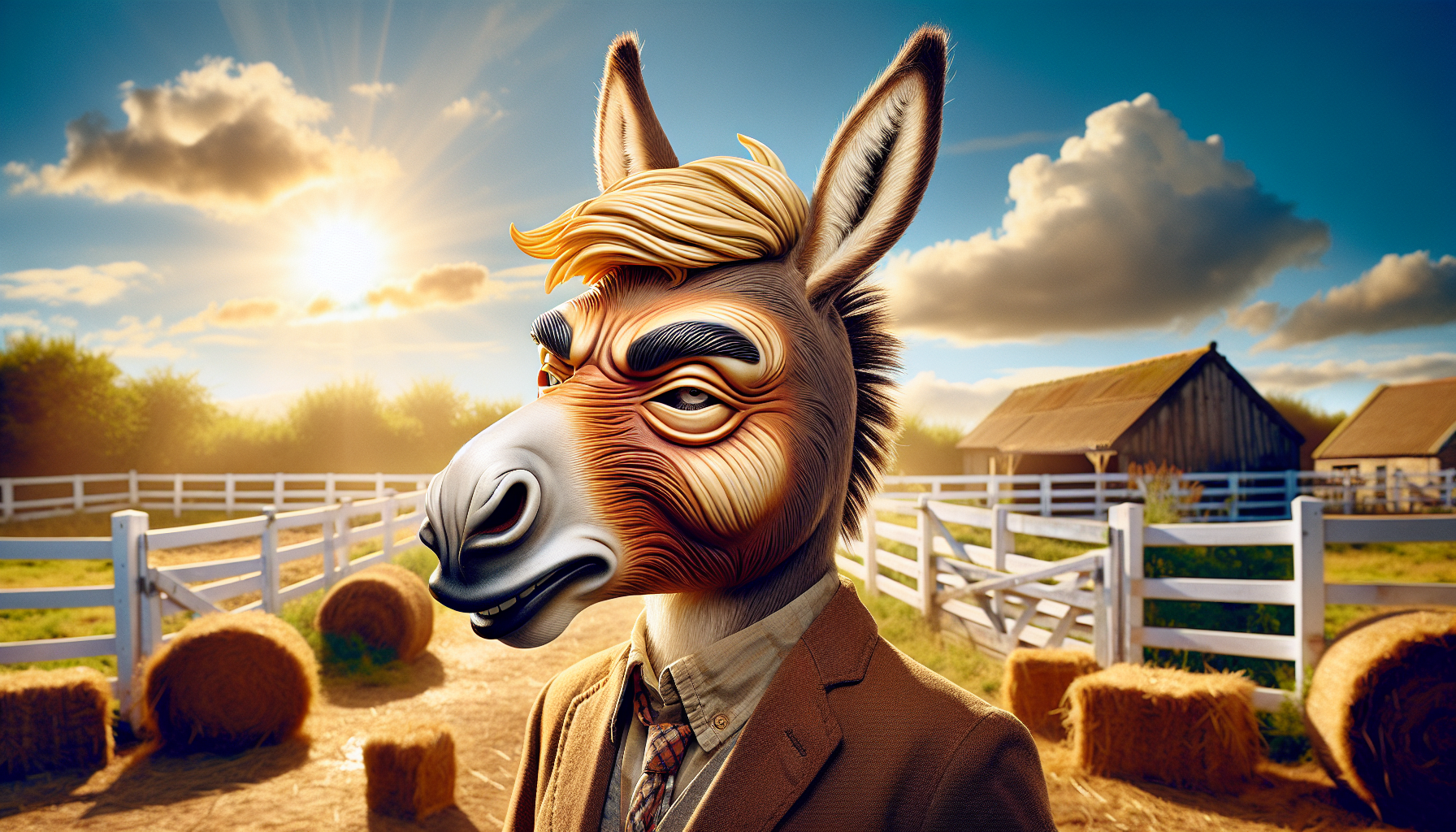 A clever and confident donkey stands in a rustic countryside farm, wearing a humorous mask resembling Donald Trump’s head (with intricate details like the signature blond, swept-back hair and a serious facial expression). The donkey’s eyes are visible through the mask’s eyeholes, gleaming with intelligence and mischief. It strikes a bold pose, lifting its right front hoof slightly as if showing off its unique personality.

The background features a traditional farm setting with white wooden fences, small scattered hay bales, and a bright blue sky dotted with soft white clouds. Golden sunlight bathes the scene, adding warmth and vibrancy to the atmosphere.

The style is hyper-detailed and cartoonishly exaggerated, blending realism with light-hearted humor. The lighting is soft and warm, and the colors are vivid, enhancing the playful and comedic tone of the image