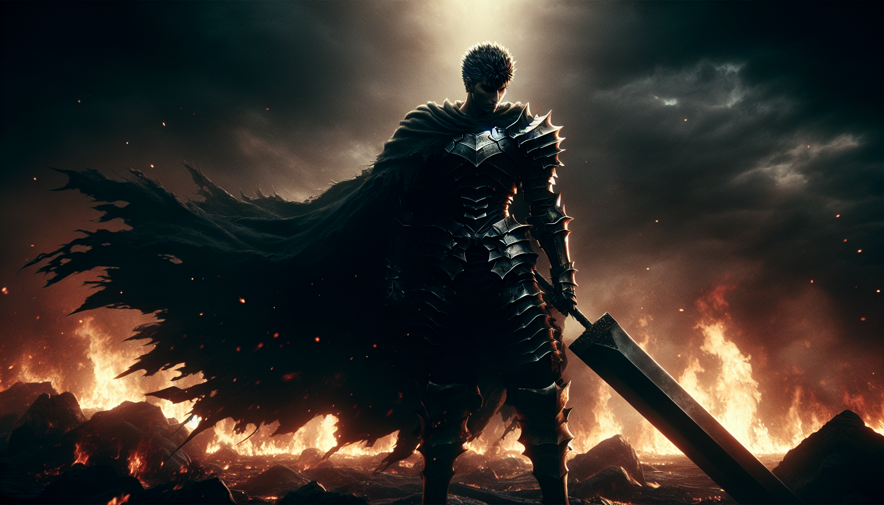 “Dark anime style, powerful warrior with a huge sword standing alone in a burning battlefield, dramatic shadows, cinematic lighting – inspired by Berserk Guts”