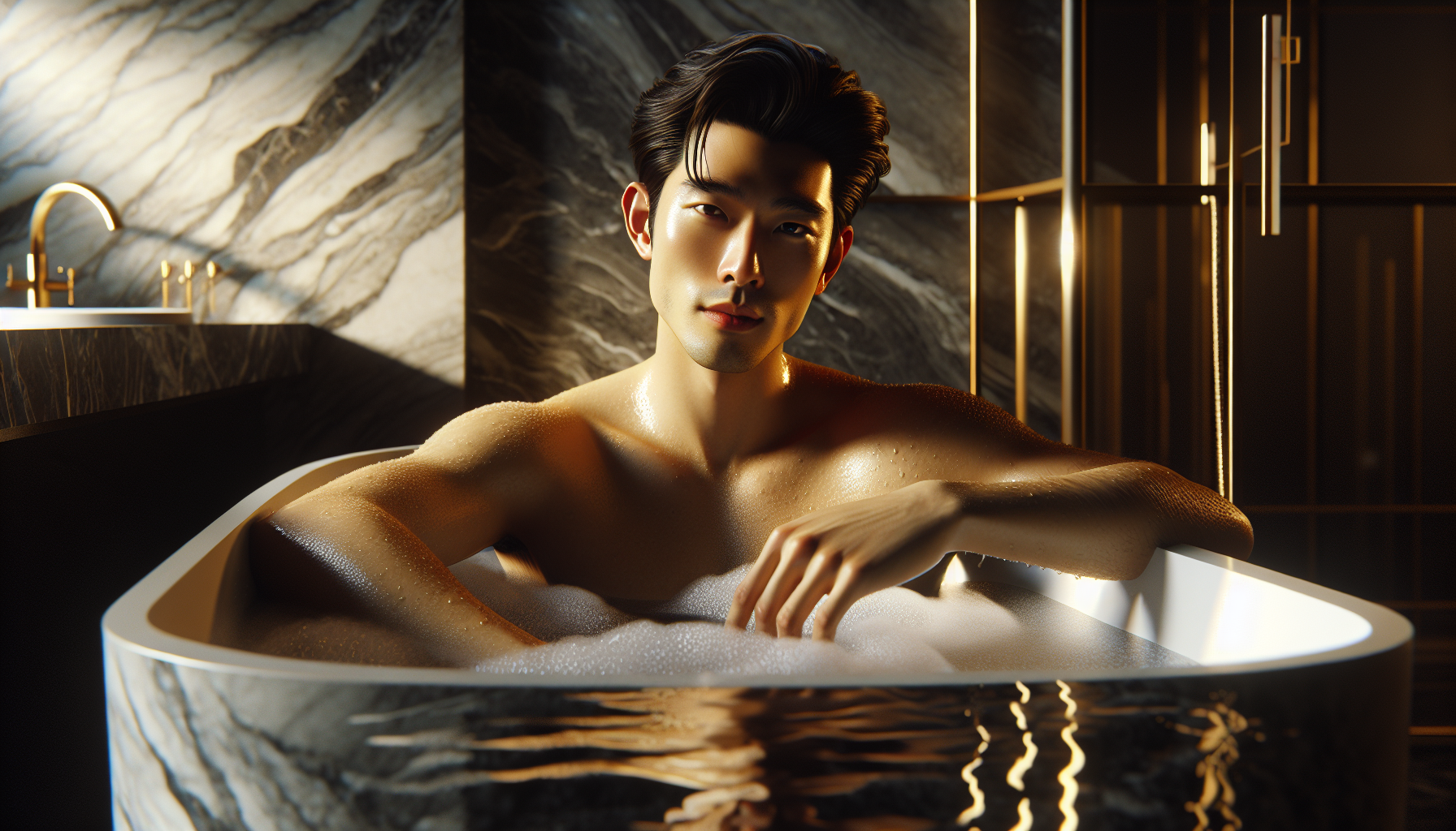A seductive Asian male model in a luxurious marble bathroom, sitting inside a modern bathtub filled with warm water and soft foam. His wet skin glistens under the soft golden light. He gazes at the camera with a mysterious and charming expression, a big ondulation on the brief visible under the water surface. The mood is elegant, sensual, and clean. Cinematic lighting, soft shadows, realistic textures.
