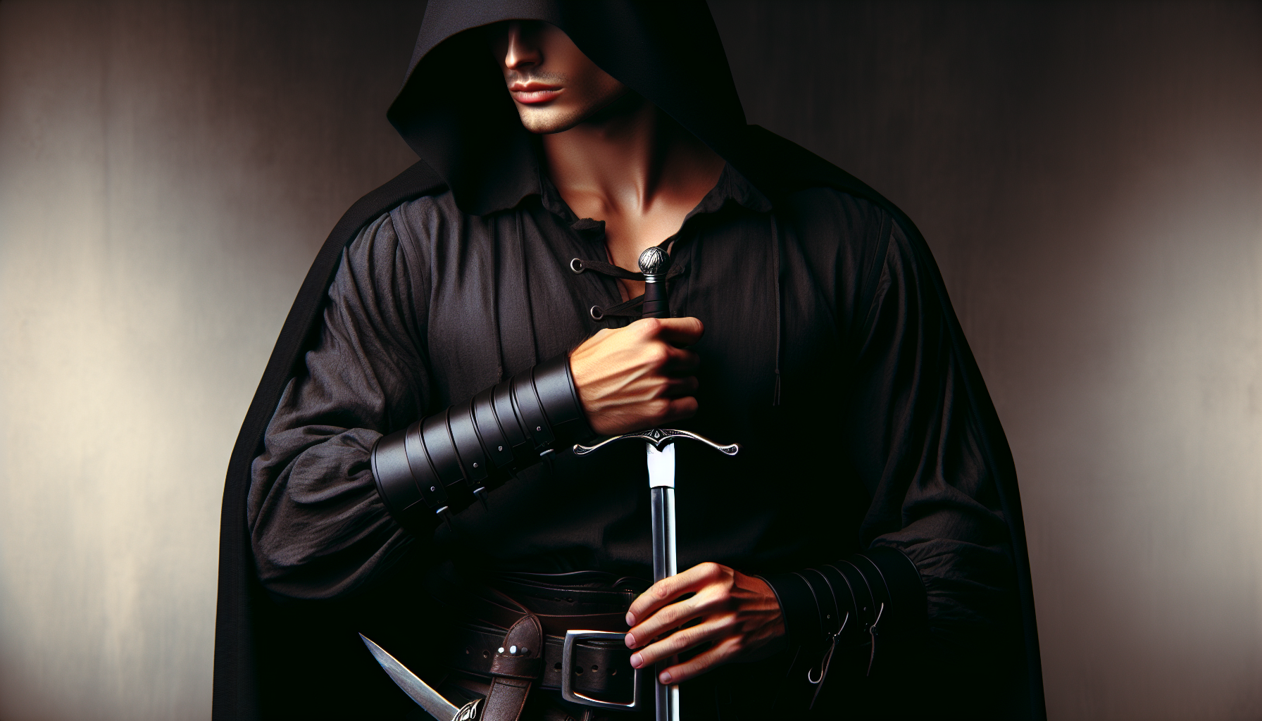 crée moi l'image d'un roublard de sexe homme plutôt jeune et avec une bonne constitution physique équipé d'une rapière(une épée) dans sa main avec une cape noire qui lui sert de capuche une tenue sombre de fine dague sur sa ceinture lui avec le visage caché par l'ombre de sa capuche dans un univers de dark fantasy avec un dissignes  déssiné mais avec beaucoup de détails et sérieux