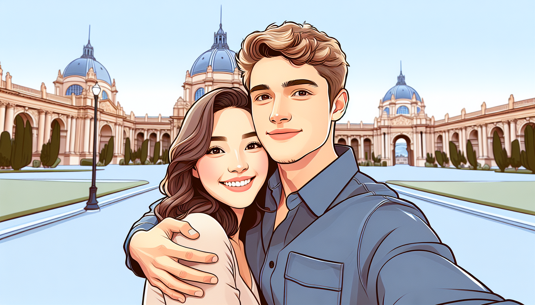 Crea una ilustración en estilo 2D basada en una fotografía de una pareja. La imagen debe representar a un joven y una joven abrazados, sonriendo, con expresiones suaves y naturales. El estilo debe ser plano, con colores suaves y sombras sutiles. El fondo debe imitar el lugar original (palacio de bellas artes con el cielo azul). Los personajes deben conservar las proporciones y rasgos lo más parecidos posibles a la foto original, pero adaptados al estilo de dibujo animado 2D. Usa líneas limpias, colores bien definidos, y una atmósfera cálida y romántica."
