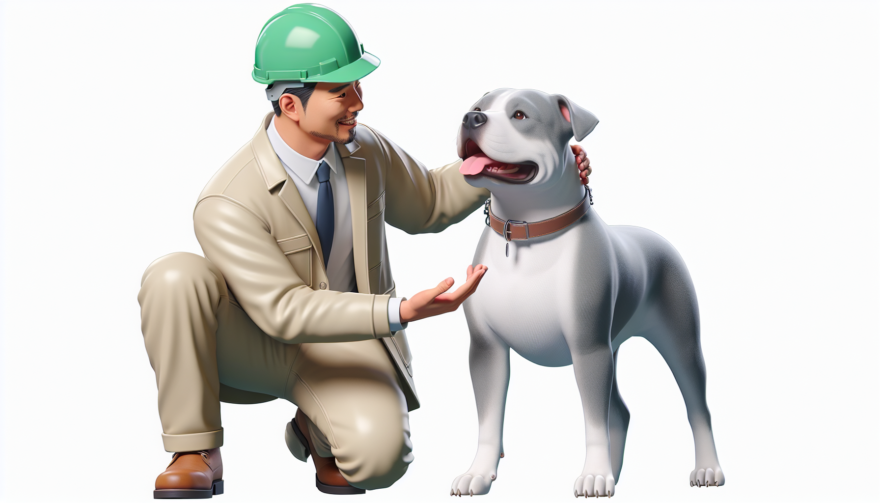 Un asesor de seguridad industrial jugando con su perro pitbull blanco con gris verdoso en el lomo