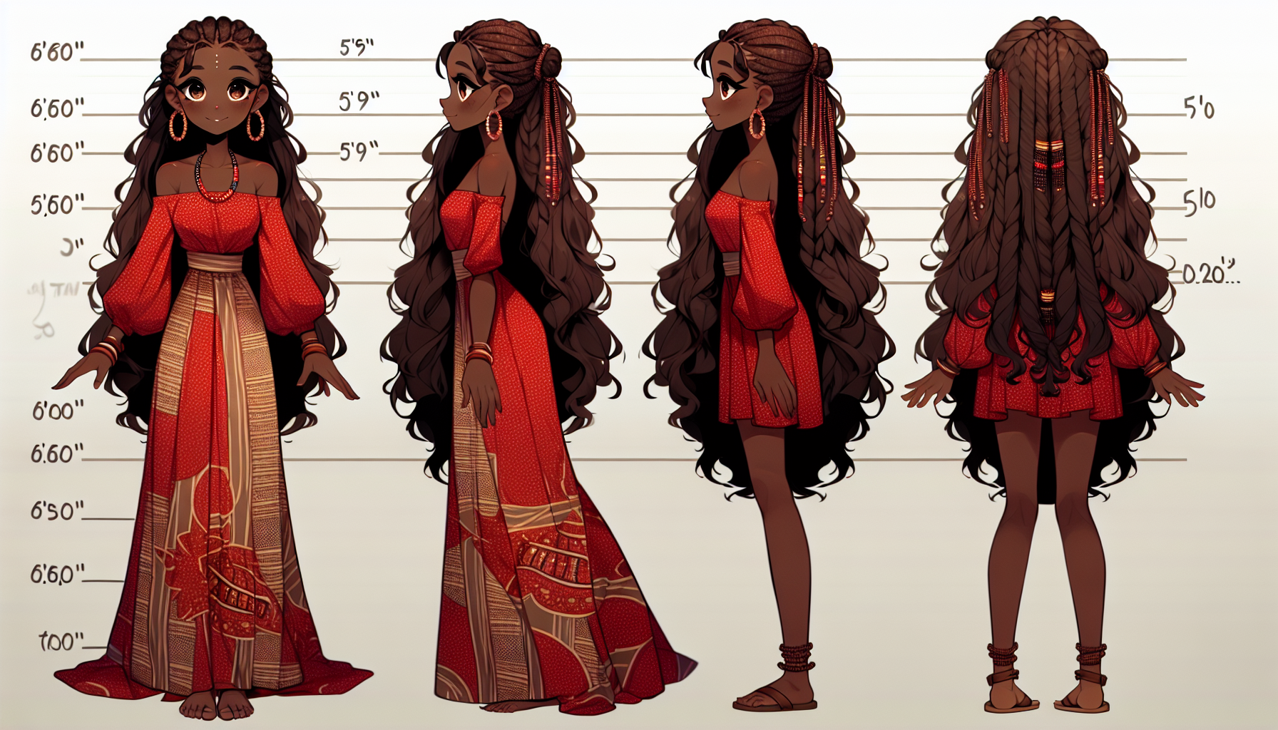 Adama stands tall at 5'9" with a lean, athletic build that speaks of her active lifestyle. Her skin is a deep, rich brown, glowing with an inner warmth. Her eyes are large, dark brown, almost black, and expressive, full of mystery and wisdom beyond her years. Her long, wavy hair is often styled in an intricate braid, decorated with small beads and charms that symbolize strength and protect wearing a red Ankara gown and a brown sandals .full body anime style with front view ,side view and  back view