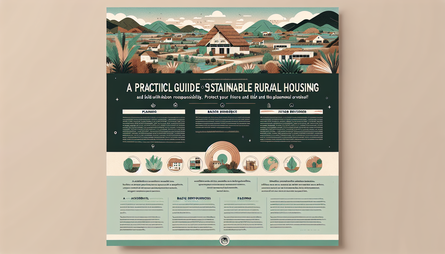 Crear una imagen para promover como publicidad en facebook un documento académico sobre consideraciones para el diseño y construcción de vivienda rural sostenible, basada en lo siguiente:
Propuesta de Imagen para Facebook:

Título: "Construye tu Hogar Rural Sostenible en Tasquillo"

Visual:

Fondo: Un paisaje rural de Tasquillo con vegetación autóctona, casas tradicionales integradas en el entorno y montañas al fondo. Los colores serán cálidos y naturales (verdes, tierras, azules claros).

Elementos gráficos:

Iconos: Pequeños dibujos que representen las categorías clave del documento (planificación, recursos básicos, ambiente interior, etc.), distribuidos armónicamente alrededor del texto central.

Texto destacado:

"Guía práctica para viviendas rurales sostenibles: seguridad, bienestar y cuidado del medio ambiente."

"Incluye planificación, recursos naturales, construcción ética y más."

Llamado a la acción: "Descarga el documento gratuito y construye con responsabilidad. ¡Protege tu futuro y el del planeta!"

Estilo:

Tipografía: Clara y legible, con un toque rústico para alinearse con lo rural.

Paleta de colores: Tonos naturales (verde musgo, beige, azul cielo) para transmitir sostenibilidad y armonía.

Nota: Se incluirá el logo de la institución o proyecto académico en la esquina inferior derecha para dar credibilidad.

Objetivo: La imagen combinará el atractivo visual del entorno rural con información clara y motivadora, destacando los beneficios prácticos y ecológicos del documento.

Crear una imagen según la propuesta descrita:
Aquí tienes una propuesta visual basada en tu descripción. Dado que no puedo generar imágenes directamente, te proporciono una guía detallada para que un diseñador gráfico pueda crearla fácilmente:

Composición de la imagen para Facebook (1200x628 px):

Fondo:

Fotografía o ilustración de un paisaje rural de Tasquillo con:

Casas tradicionales de adobe/teja

Vegetación autóctona (nopales, magueyes)

Montañas semiáridas al fondo

Tonos cálidos (ocre, verde musgo, azul cielo despejado)

Elementos centrales:

Título principal: "Construye tu Hogar Rural Sostenible" en tipografía rústica pero legible (ej. "Montserrat" en negrita, color tierra oscuro)

Subtítulo: "Guía práctica para viviendas seguras y ecológicas en Tasquillo" en tamaño menor

Iconografía flotante (estilo ilustración plana):

☀️ Icono de energía solar

💧 Gotas de agua (gestión hídrica)

🏡 Casa con tejado verde

🌱 Planta nativa

📊 Gráfico de planificación

🔨 Herramientas de construcción

Recuadro informativo (semi-transparente):

INCLUYE:
✔ Planificación inicial
✔ Uso de recursos locales
✔ Técnicas constructivas éticas
✔ Adaptación al clima
✔ Protección ambiental
Llamado a acción inferior:

Barra horizontal con texto: "DESCARGA GRATIS EL MANUAL COMPLETO" + icono de flecha hacia abajo

Botón virtual (efecto 3D) con texto: "Obtener documento"

Detalles finales:

Logo institucional en esquina inferior derecha

Bordes degradados para integración natural del paisaje

Sello visual: "Validado por comunidades de Tasquillo"

Paleta de colores sugerida:

Verde oscuro: #2E4F2D (títulos)

Beige: #E3C9A0 (fondos texturales)

Rojo tierra: #A6422C (acentos)

Azul cielo: #7EB2D9 (iconos)

Recomendación técnica:

Usar espacios en blanco para evitar saturación

Incluir sombras paralelas para profundidad

Versión mobile-first (texto grande y contraste)