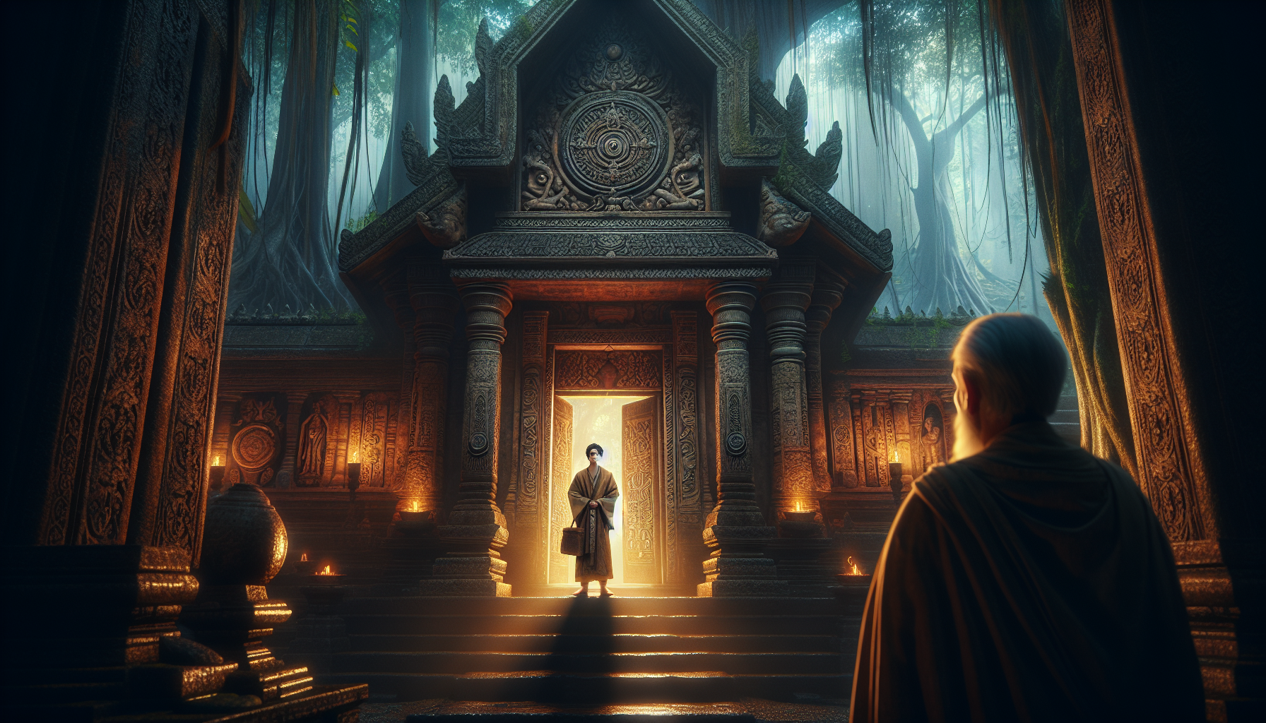 A young Indian man (Vijay) standing at the entrance of a centuries-old temple hidden in a dense forest, with intricate carvings, mystical glow coming from inside, ancient symbols faintly lighting up on the temple walls, a wise mysterious priest in the shadows watching him silently. Magical realism, cinematic lighting, 4K resolution, atmospheric and mythical style, high detail
