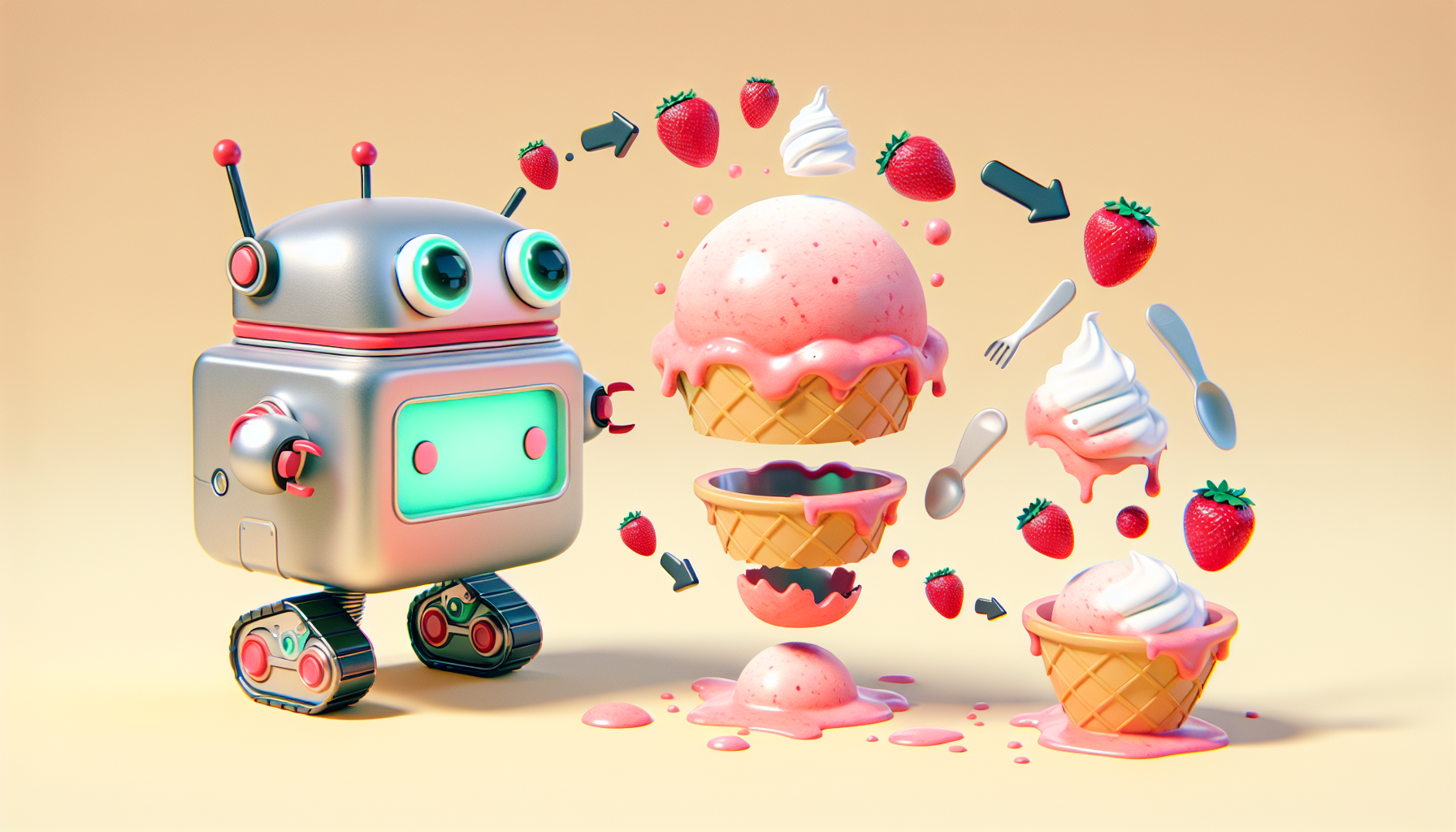 A cute robot with a shocked face turning into strawberry ice cream, cartoon style, 3D Pixar style, for kids animation