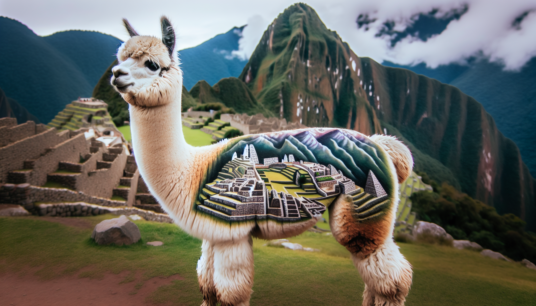 Una Alpaca que en el cuerpo tenga a las ruinas del machu Picchu