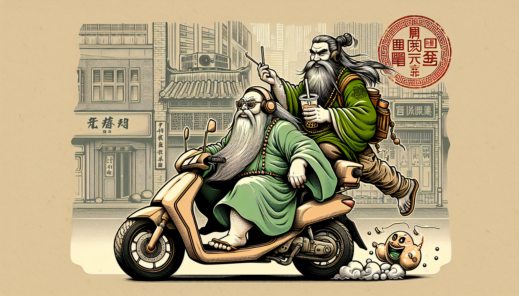 绘制一幅国潮风格的古今幽默混搭水墨插画：关羽（长髯巾帽，绿色长袍）和张飞共骑摩托车，张飞在前面骑摩托，关羽坐摩托车后面听着耳机悠闲地喝着奶茶。画面气氛轻松诙谐，背景是现代都市街道，并配以现代风格的中式朱红章印（“寶玉印”）装饰。

