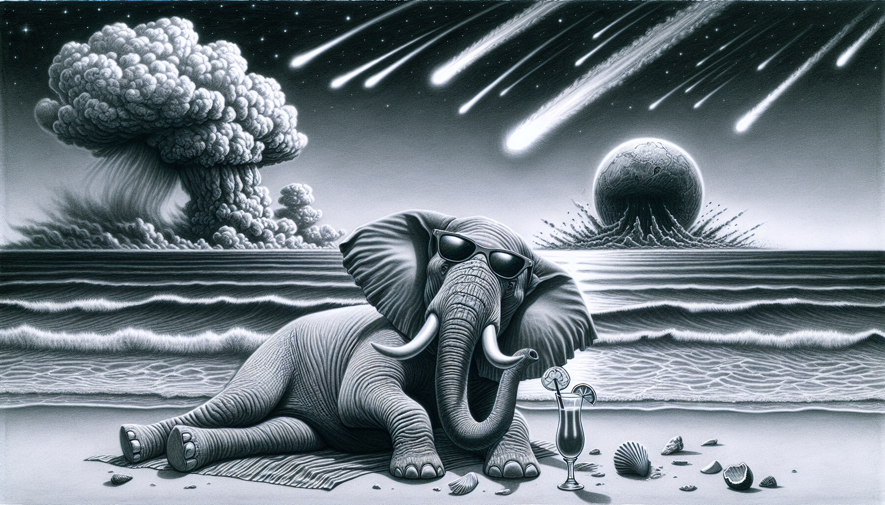 elephant having margaritas on the beach watching the end of the world with meteor showes and tsnamis