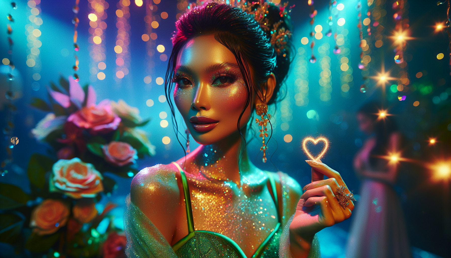Beautiful woman in a colorful pool party, glowing glitter skin, cinematic lighting, vivid colors, sparkling water, fantasy makeup, wearing green swimsuit, holding heart sign, hyper-realistic, 8k, vibrant, dreamy atmosphere, professional photography style, by Midjourney v6