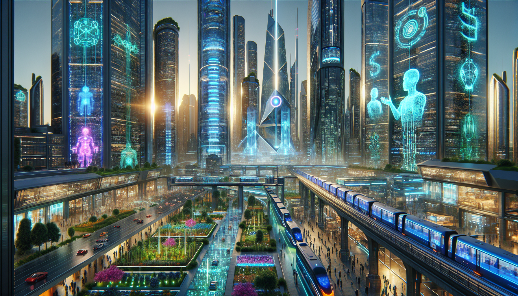 Create a hyper-realistic illustration representing the 22nd century, where artificial intelligence is seamlessly integrated into daily life. Depict a futuristic, advanced urban environment with towering glass skyscrapers housing biotechnology servers, neon-lit intelligent transport systems, and floating holographic displays. Show humans and androids of diverse cultural backgrounds collaborating harmoniously in a high-tech, eco-friendly city. Incorporate visible neural networks, lush greenery blended into the architecture, and a majestic, inspiring atmosphere that conveys progress, unity, and hope. Use bright, detailed lighting, realistic textures, and avoid dystopian or apocalyptic themes. Focus on optimism, innovation, and human-machine cooperation. High-resolution, ultra-detailed output.