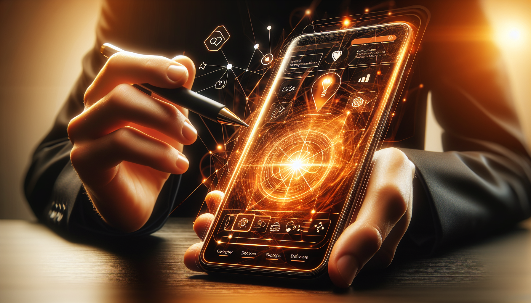 Design a sleek, orange colors, realistic, modern, showcasing mobile app development services. Feature a smartphone mockup with a dynamic interface. The vibe should be innovative, professional, and inspiring, targeting startups and tech-savvy entrepreneurs