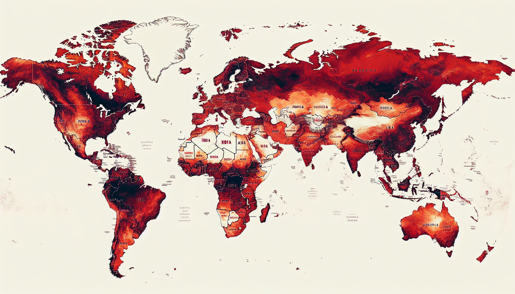 mapa del mundo en donde con color rojo localices los siguientes paises brasil, india, sudafrica, mexico, rusia, nigeria, china, colombia, bangladesh haití nada mas estos paises de color rojo los demas sin color 
