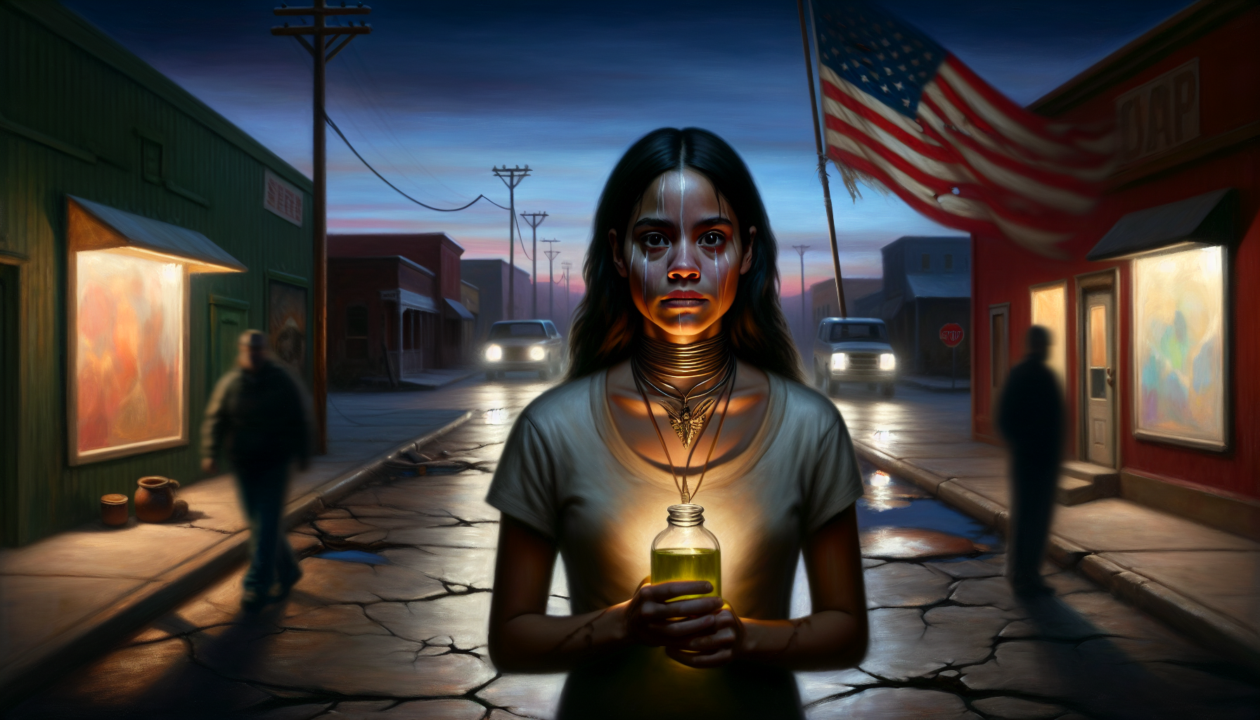 Here's an enhanced version of the prompt with additional elements to deepen the emotional narrative and symbolism of the artwork:


---

Enhanced Prompt for Digital Drawing Art:

"Create a powerful, emotionally charged digital artwork of a young woman standing in the middle of a desolate American street at twilight. The woman should appear strong yet vulnerable, symbolizing the emotional journey of a protagonist who moves from hope to betrayal, and finally to quiet, persistent hope. Her face should express a shift from naive optimism to deep betrayal and, finally, to quiet resilience.

Include two key symbols:

1. A tightening necklace around her neck, representing feelings of oppression, suffocation, and emotional conflict as she experiences the harsh realities of the American Dream.


2. A glowing bottle of olive oil in her hand or placed in front of her, symbolizing the simple joys, small comforts, and glimmer of hope that persists despite her struggles.



Additional Elements:

Cracked American Flag in the background, with one side of the flag unraveling to show the disillusionment of the protagonist with the idea of the American Dream.

Shadowy figures in the distance, representing the betrayal and people who have wronged her, blurred to signify the fading clarity of the promises made



