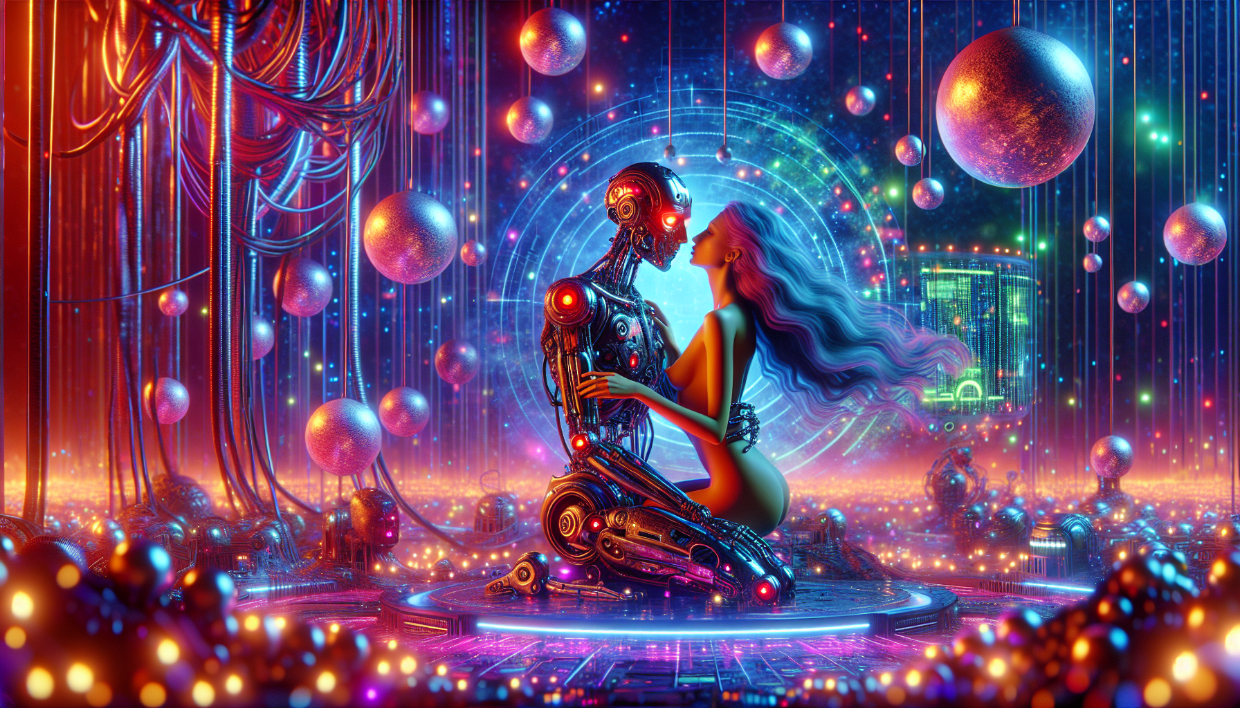 A skeletal robotic figure stands out in a surreal scene set against a vibrant backdrop of neon lights and floating orbs. A woman with flowing hair, wearing a revealing outfit, is seen embracing the skeletons's humanoid form. The figure has a metallic skeleton and glowing red eyes. The setting appears to be a futuristic or otherworldly environment, with intricate details like floating spheres, digital displays. The overall mood of the image is a blend of romance and sci-fi, evoking a sense of wonder and intrigue.