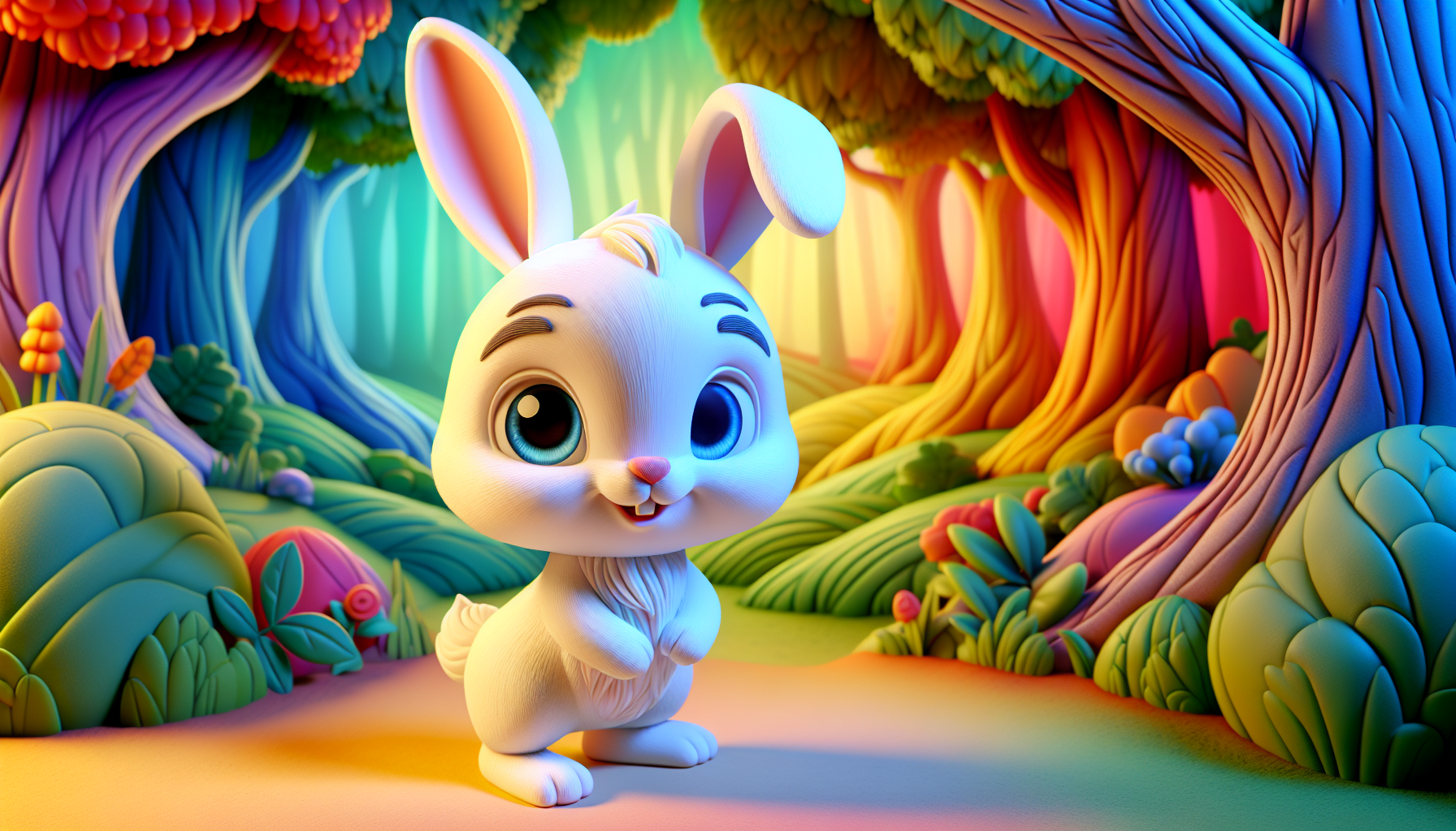 "A cute 3D cartoon white bunny with big blue eyes and a tiny pink nose, standing in a colorful forest, soft lighting, Pixar-style, highly detailed, bright colors, smiling, for toddlers."