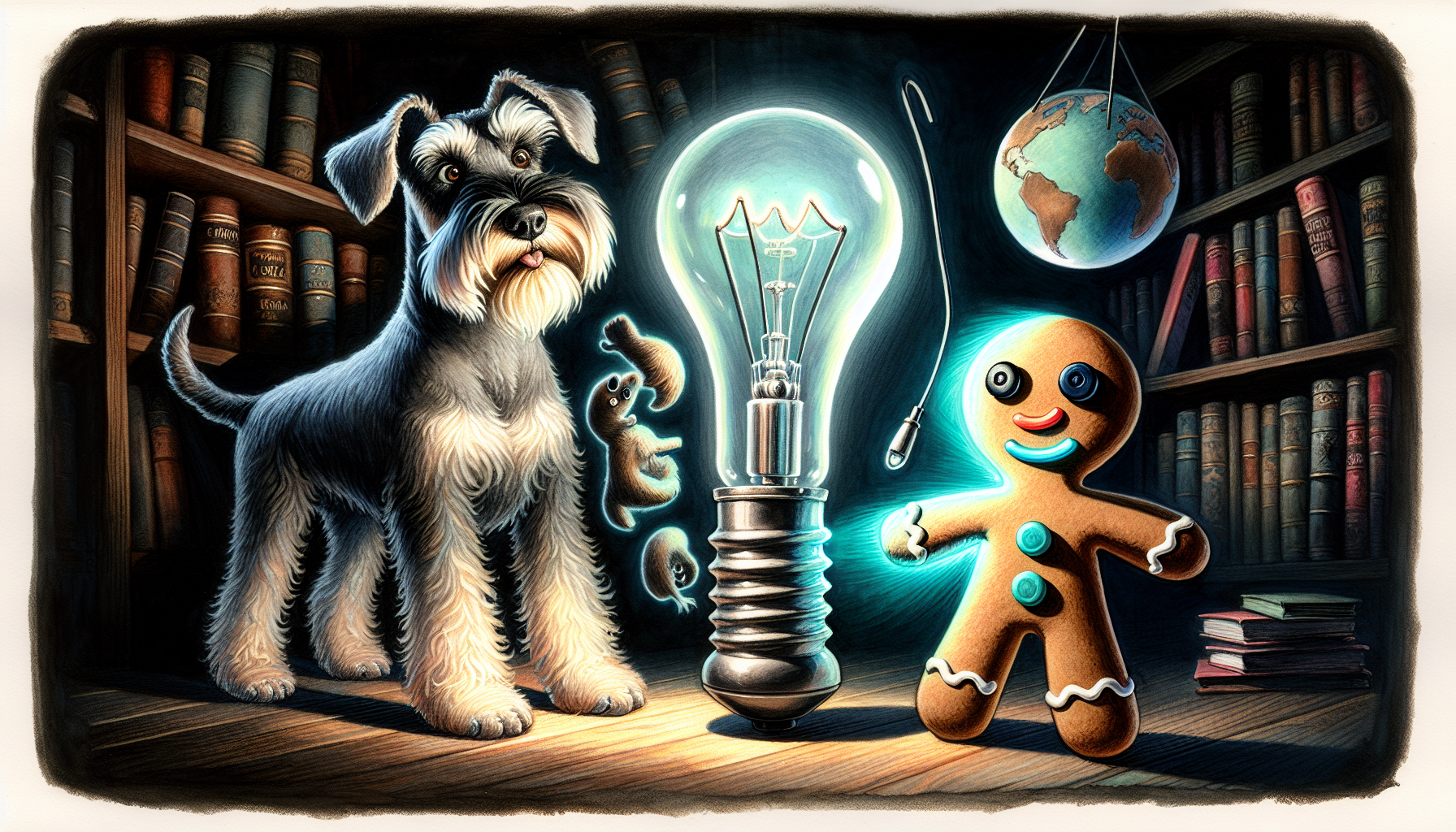 A lamp magically coming to life, standing upright with its metal neck stretching and bending like a flexible stem. A giant gray schnauzer dog (Eco) with a glowing turquoise tongue watches in amazement while a 30 cm tall beige GINGERBREAD MAN-SHAPED rag doll (Mío) with the distinctive human cookie shape, one black button eye, one blue button eye, and a glowing turquoise left arm stands nearby. The doll has the classic gingerbread cookie person silhouette with stubby limbs. In the background, a globe floats and spins freely. Library setting with books and shadows. 3D animation style with dark Coraline-inspired aesthetic featuring bold contrasts and whimsical yet slightly creepy animations.