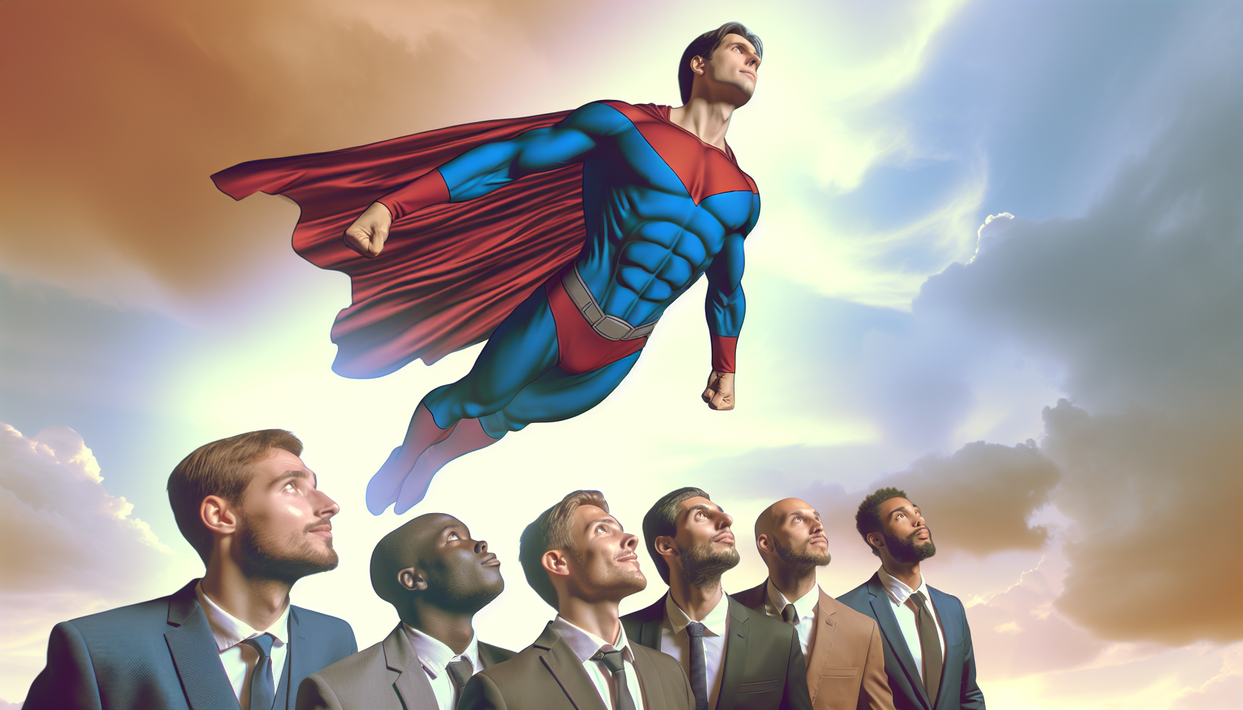 imagen de Jesucristo volando y vestido como superman entre sus discipulos

