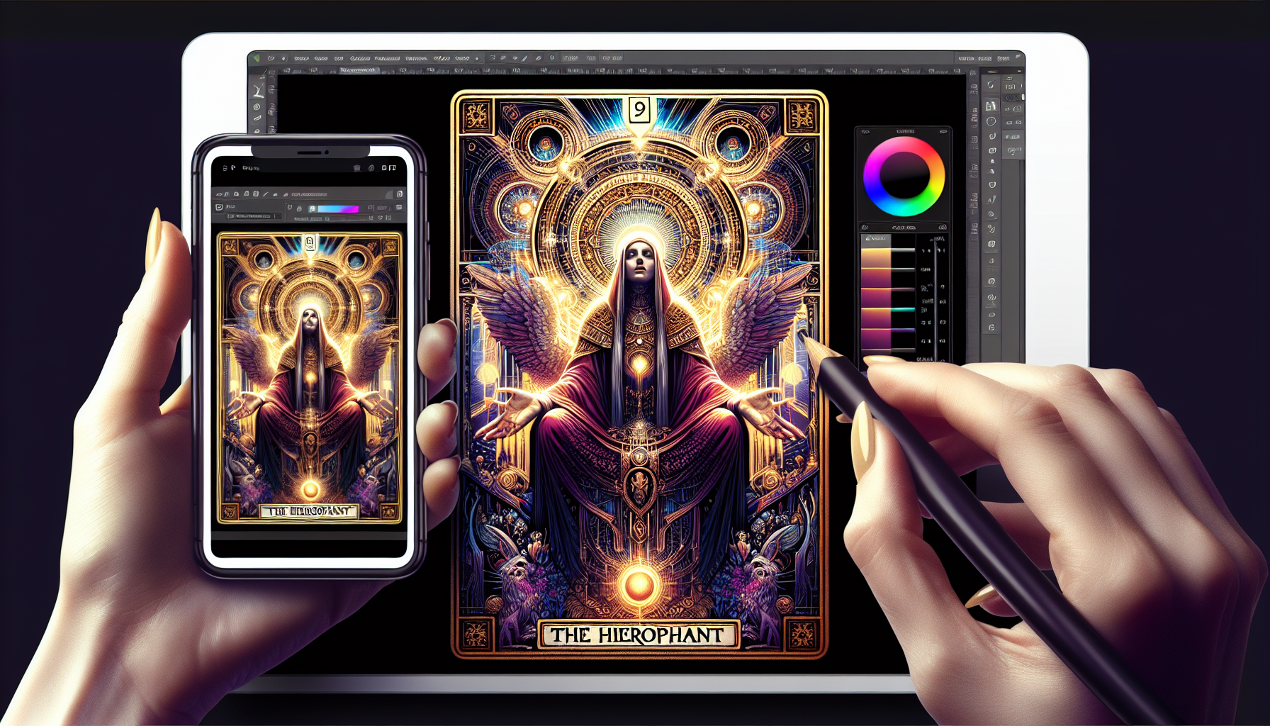 Create Tarot card 224 pixels by 385 pixels, “The Heirophant” Gold border, intricate, mystic, detailed, Ancient wisdom, Highly detailed, accurate. 4K resolution, cinematographic lighting. Hyper color. Display full card in frame.