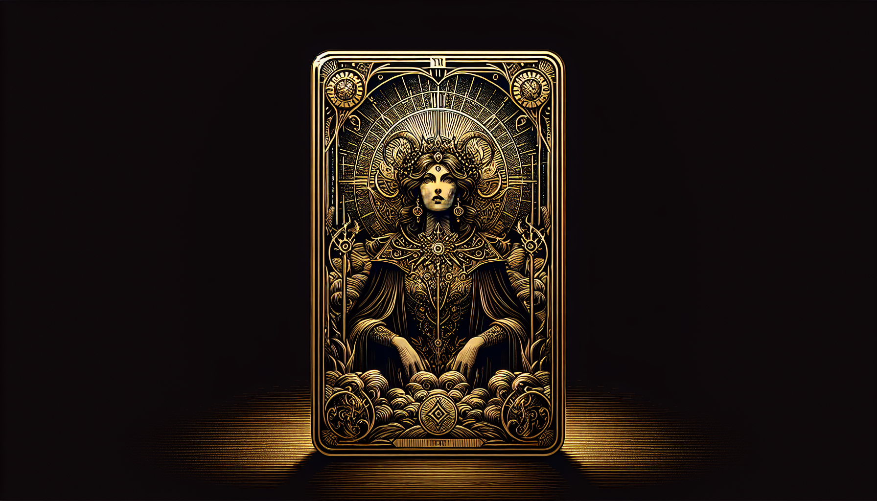 Create Tarot card 224 pixels by 385 pixels, “The Empress” Gold border, intricate, mystic, detailed, Ancient wisdom, Highly detailed, accurate. 4K resolution, cinematographic lighting. Hyper color. Display full card in frame.