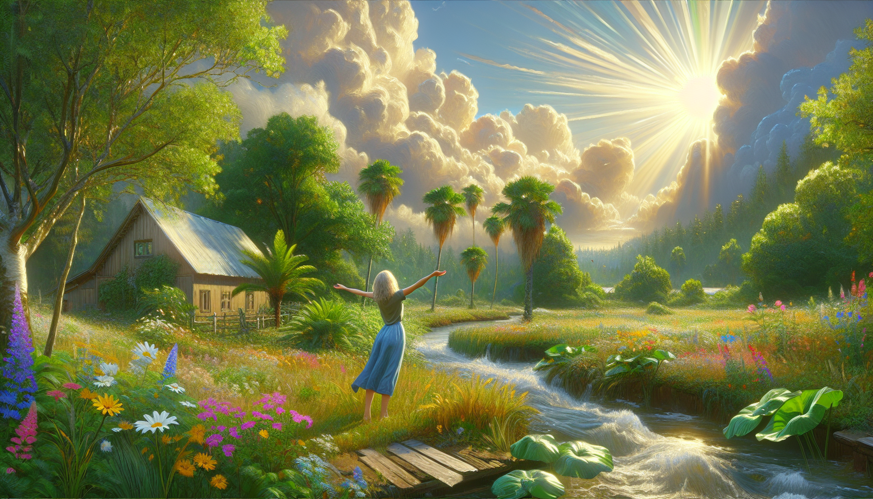 clouds, sun, sunbeam, blonde girl raising her hands to the sky, river, stone path, wooden house, wildflowers, palm trees