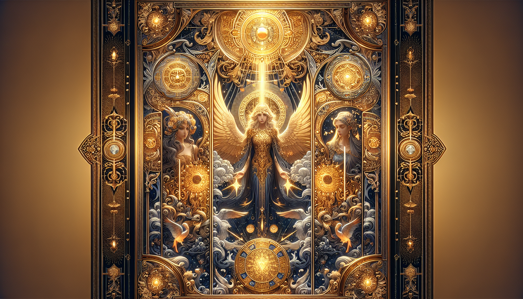 Create Tarot card 224 pixels by 385 pixels, “The High Priestess” Gold border, intricate, mystic, detailed, Ancient wisdom, Highly detailed, accurate. 4K resolution, cinematographic lighting. Hyper color. Show full card in frame.