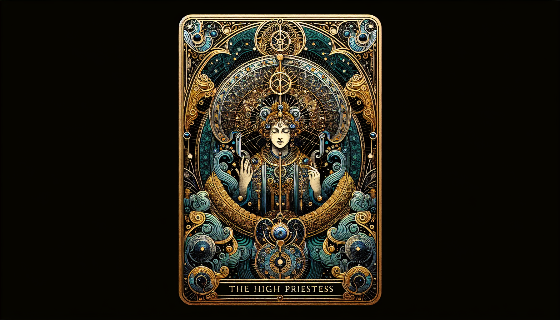 Create Tarot card 224 pixels by 385 pixels, “The High Priestess” Gold border, intricate, mystic, detailed, Ancient wisdom, Highly detailed, accurate. 4K resolution, cinematographic lighting. Hyper color. Show full card in frame.