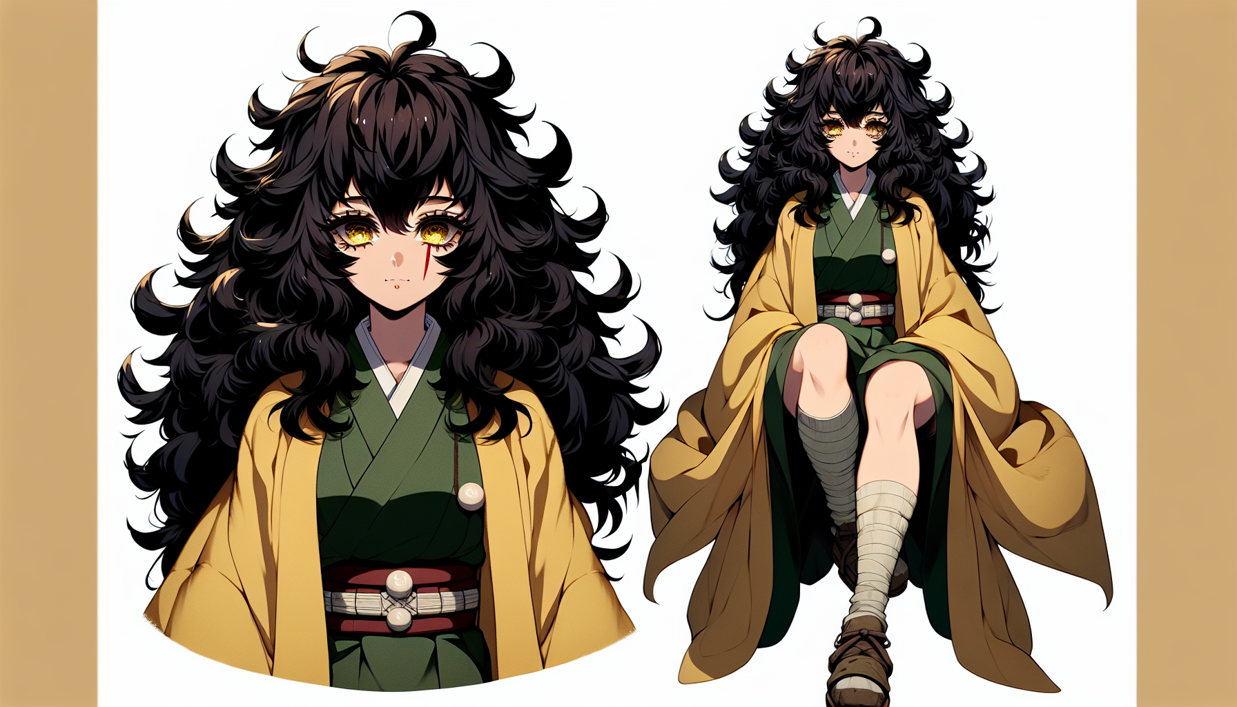 A young adult woman with fluffy, curly, medium-length black hair, dark golden eyes, a red slash across her lip, wearing worn-out yellow-green robes, long socks with worn-out boots, an athletic physique with large, curvy, fluffy thighs, sketched in anime style. Full body.