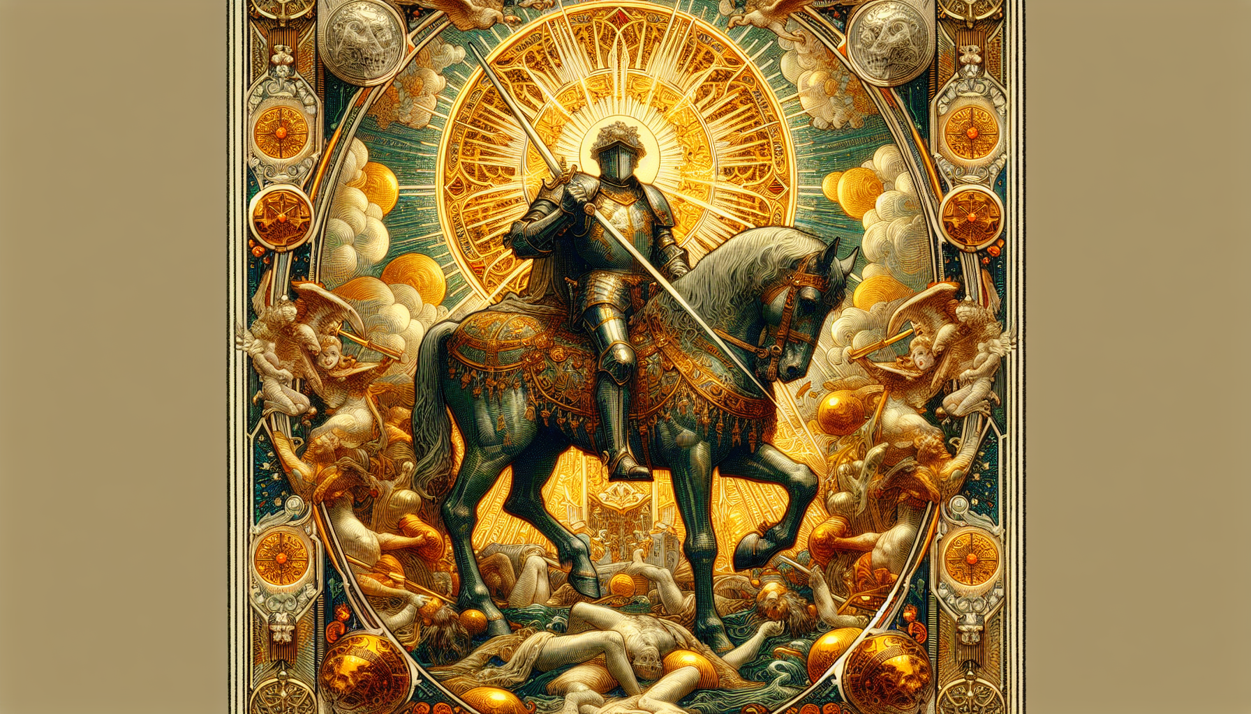 Create Tarot card, Smith Waite style, 224 pixels by 400 pixels, “Knight of Swords” on a Horse, Gold border, intricate, mystic, detailed, Ancient wisdom, Highly detailed, accurate. 4K resolution, cinematographic lighting. Hyper color. Show full card in frame.
