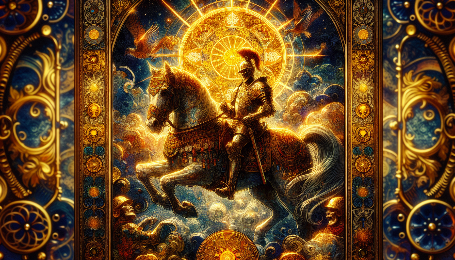 Create Tarot card, Smith Waite style, 224 pixels by 400 pixels, “Knight of Cups” on a Horse, Gold border, intricate, mystic, detailed, Ancient wisdom, Highly detailed, accurate. 4K resolution, cinematographic lighting. Hyper color. Show full card in frame.