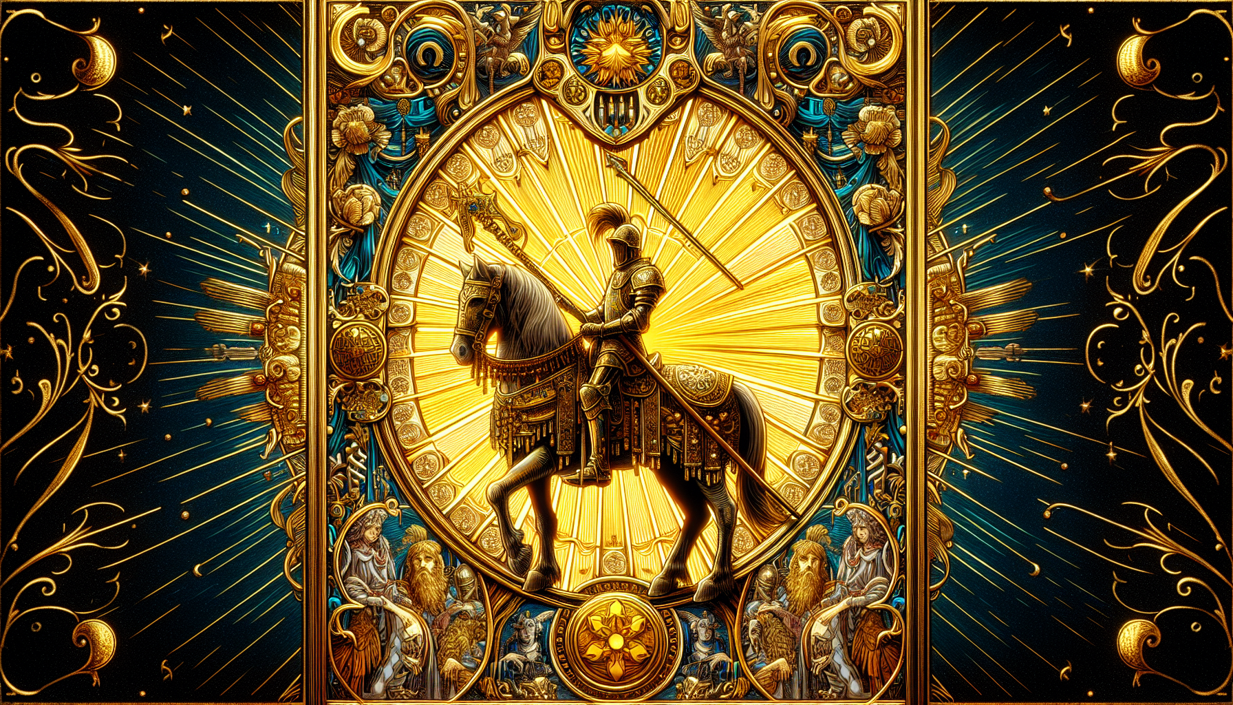 Create Tarot card, Smith Waite style, 224 pixels by 400 pixels, “Knights of Cups” on a horse, Gold border, intricate, mystic, detailed, Ancient wisdom, Highly detailed, accurate. 4K resolution, cinematographic lighting. Hyper color. Show full card in frame.