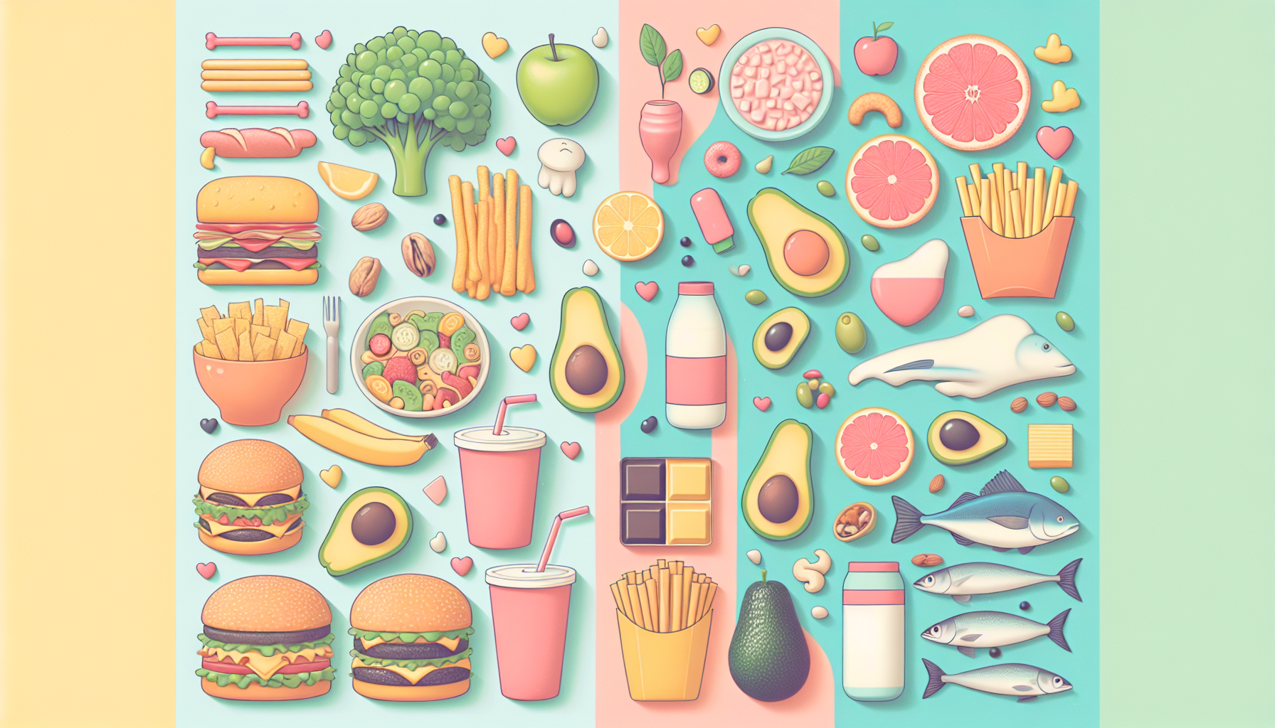 una imagen con colores en tono pastel donde hay una parte con grasas no saludables y en la otra grasas saludables