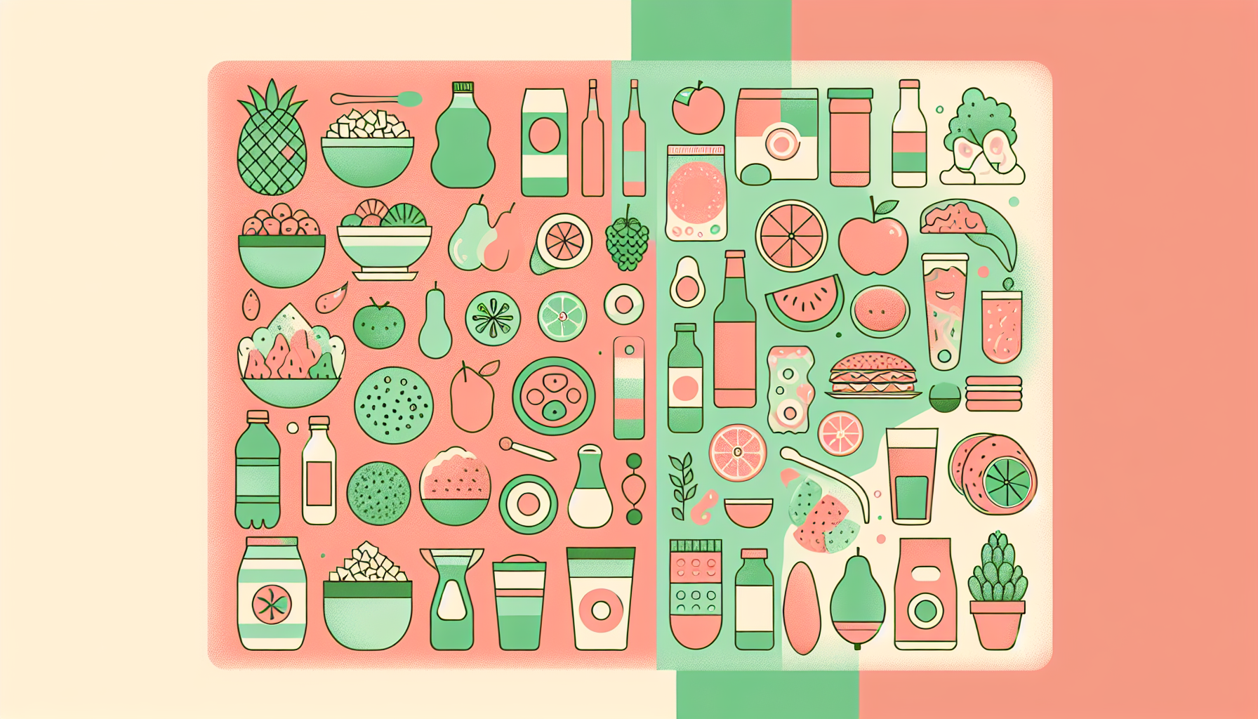 una imagen con colores en tono pastel en una mitad comidas que aporten grasas no saludables (y por favor no repitas el alimento) este con un tono rojizo pastel  y en la otra mitad comidas que aporten grasas saludables (por favor no repitas alimento) con un tono verdoso pastel