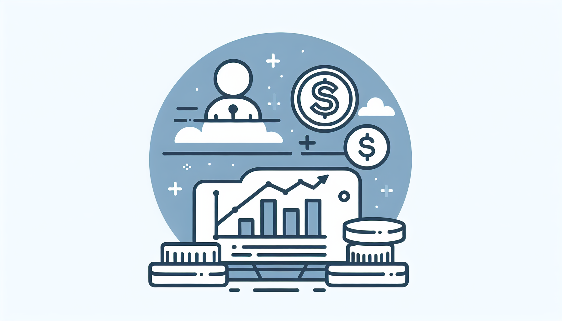 Un logotipo minimalista para un grupo de negocios online y ventas, con fondo blanco o azul claro, incluyendo iconos de gráfico de crecimiento y una moneda, diseño moderno, sin mucho texto.