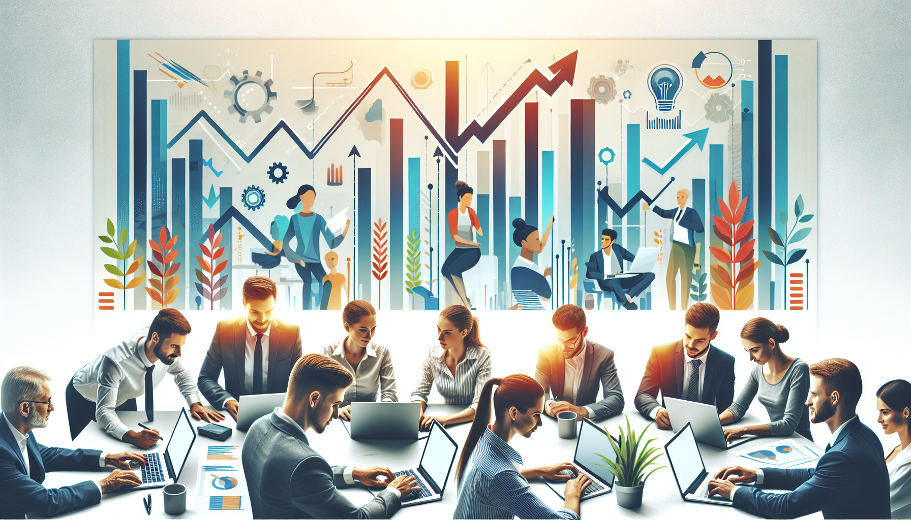 Un banner profesional para un grupo de negocios online, personas trabajando con computadoras y móviles, ambiente colaborativo, fondo claro, colores vibrantes, sensación de oportunidad y crecimiento.