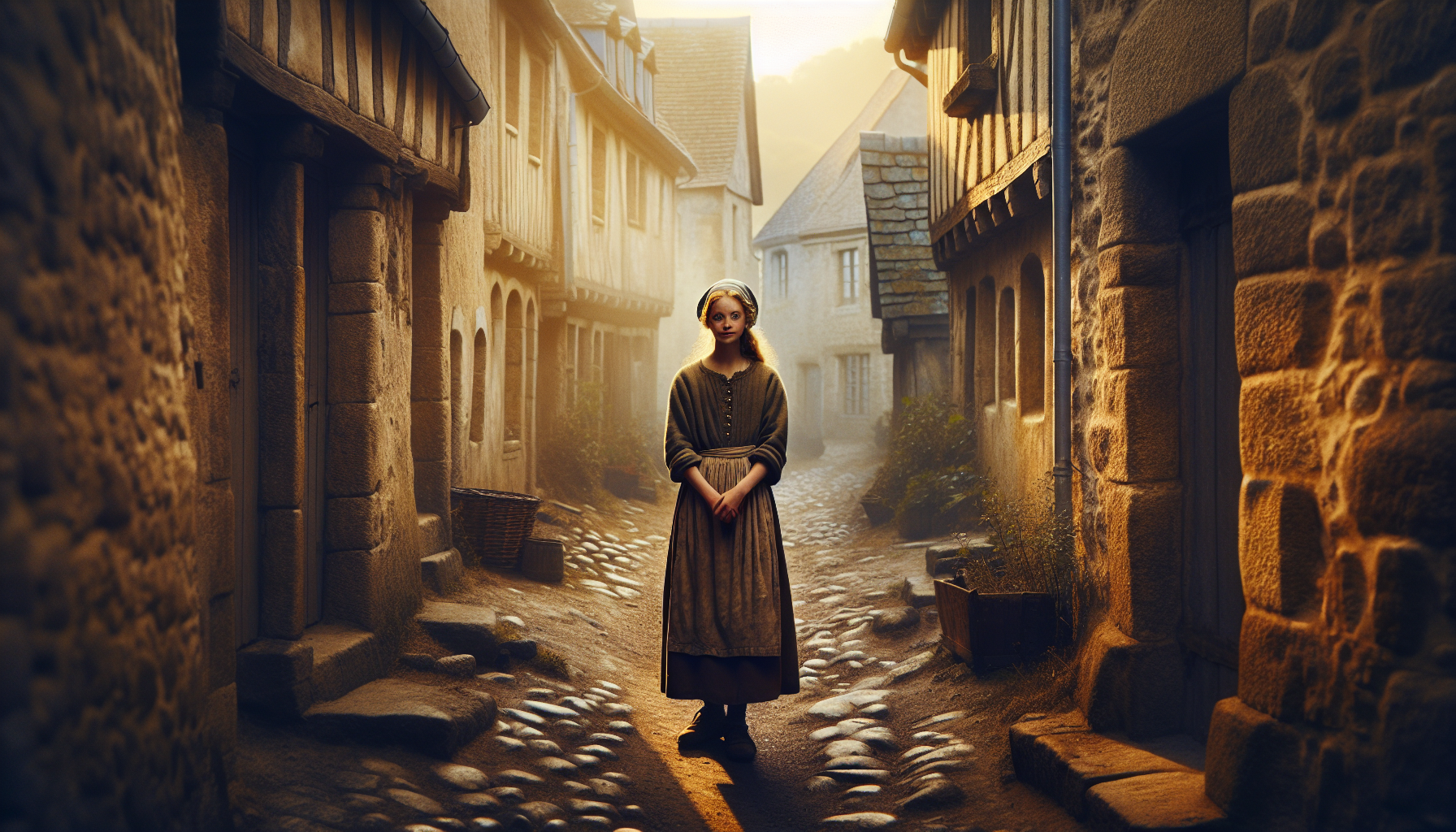 1.	“a teenage peasant girl standing in a medieval French village, humble clothes, soft morning light, mist in the background, cinematic realism, 4K”